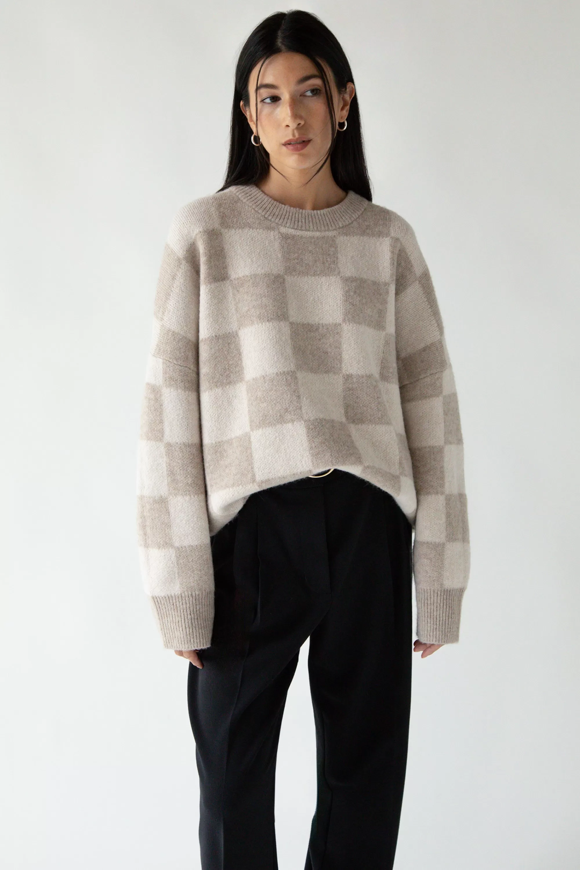 OAK + FORT CHECKERED CREWNECK SWEATER | Women Sweaters & Cardigans