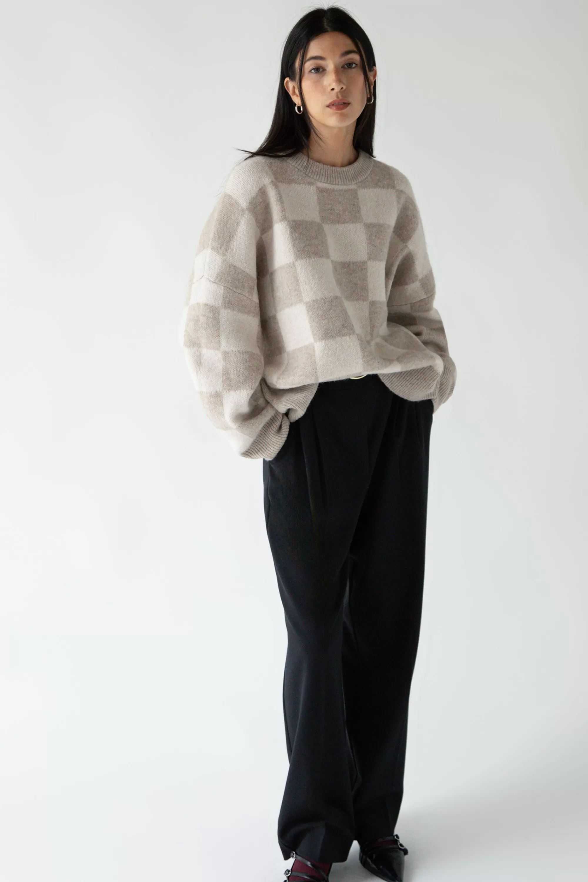 OAK + FORT CHECKERED CREWNECK SWEATER | Women Sweaters & Cardigans