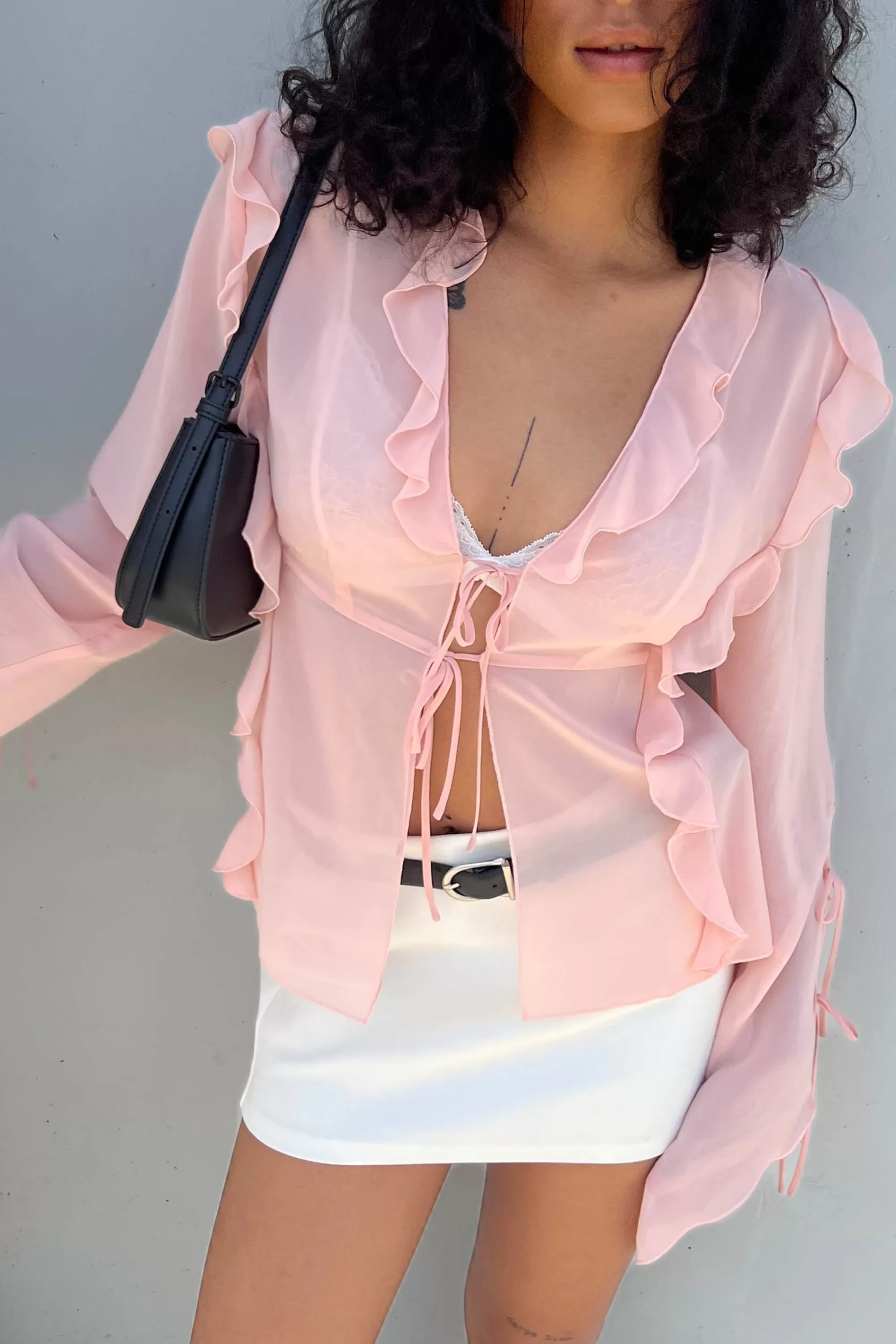 OAK + FORT CHIFFON RUFFLED BLOUSE WITH TIES | Women Tops