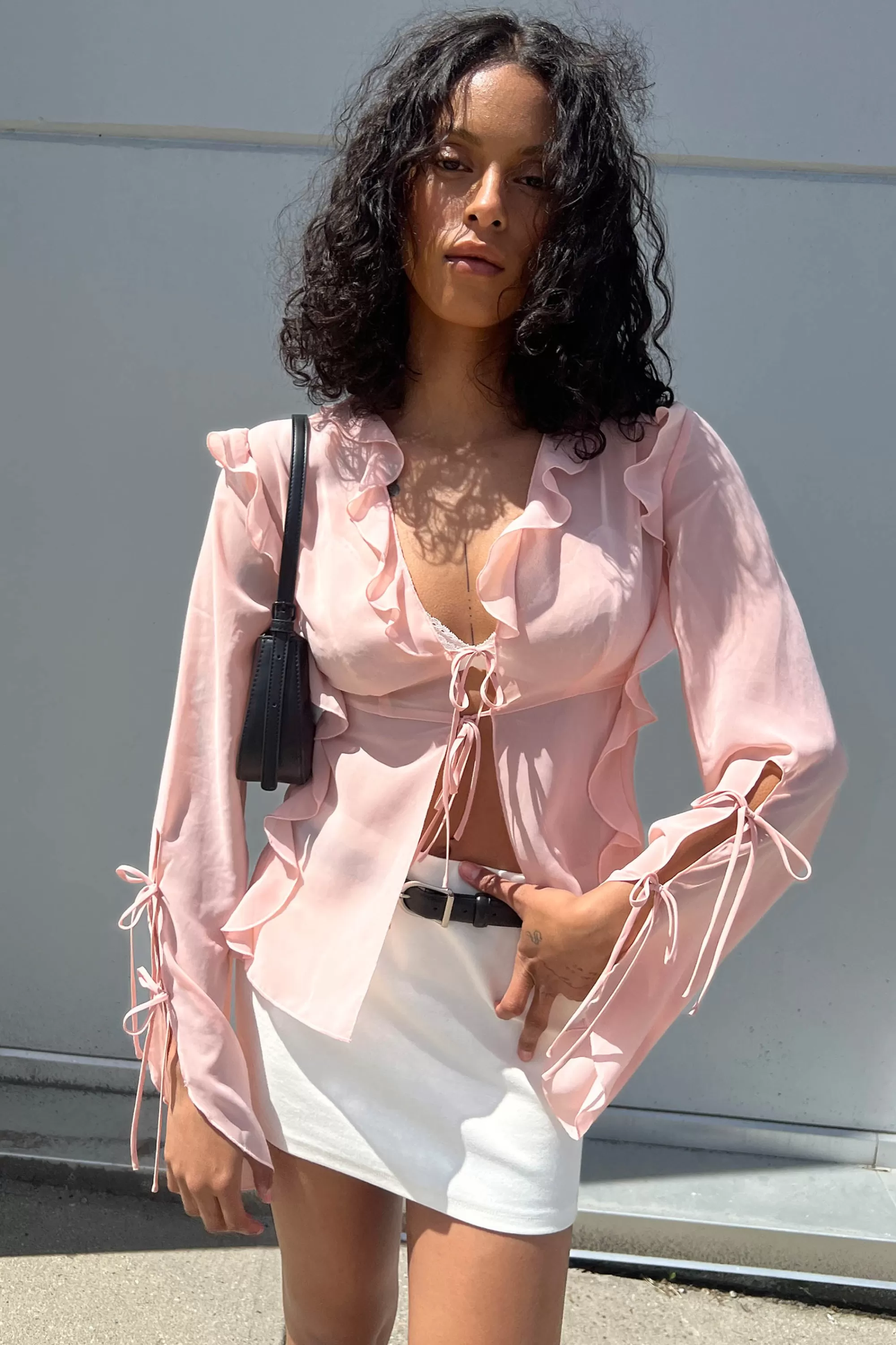 OAK + FORT CHIFFON RUFFLED BLOUSE WITH TIES | Women Tops