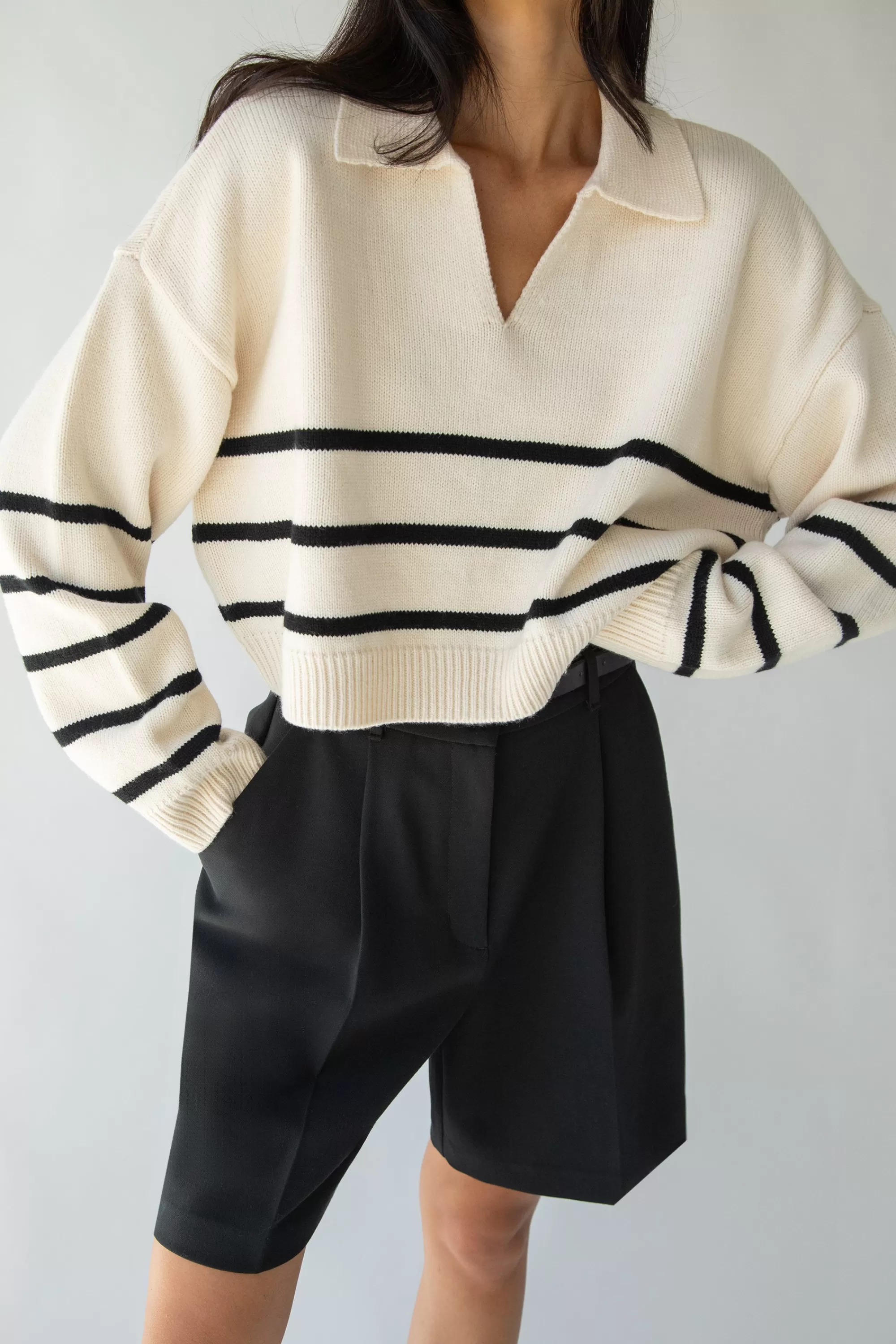 OAK + FORT COLLARED STRIPE SWEATER | Women Sweaters & Cardigans