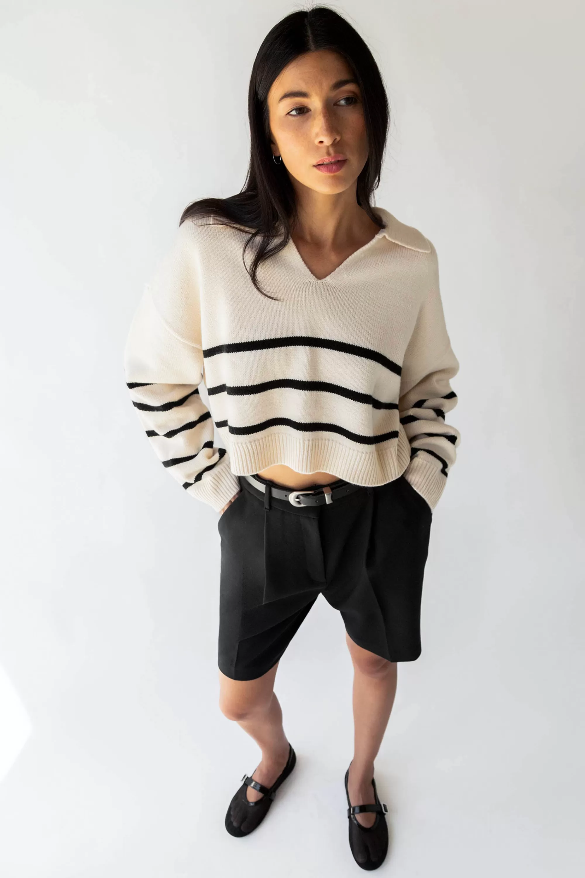 OAK + FORT COLLARED STRIPE SWEATER | Women Sweaters & Cardigans