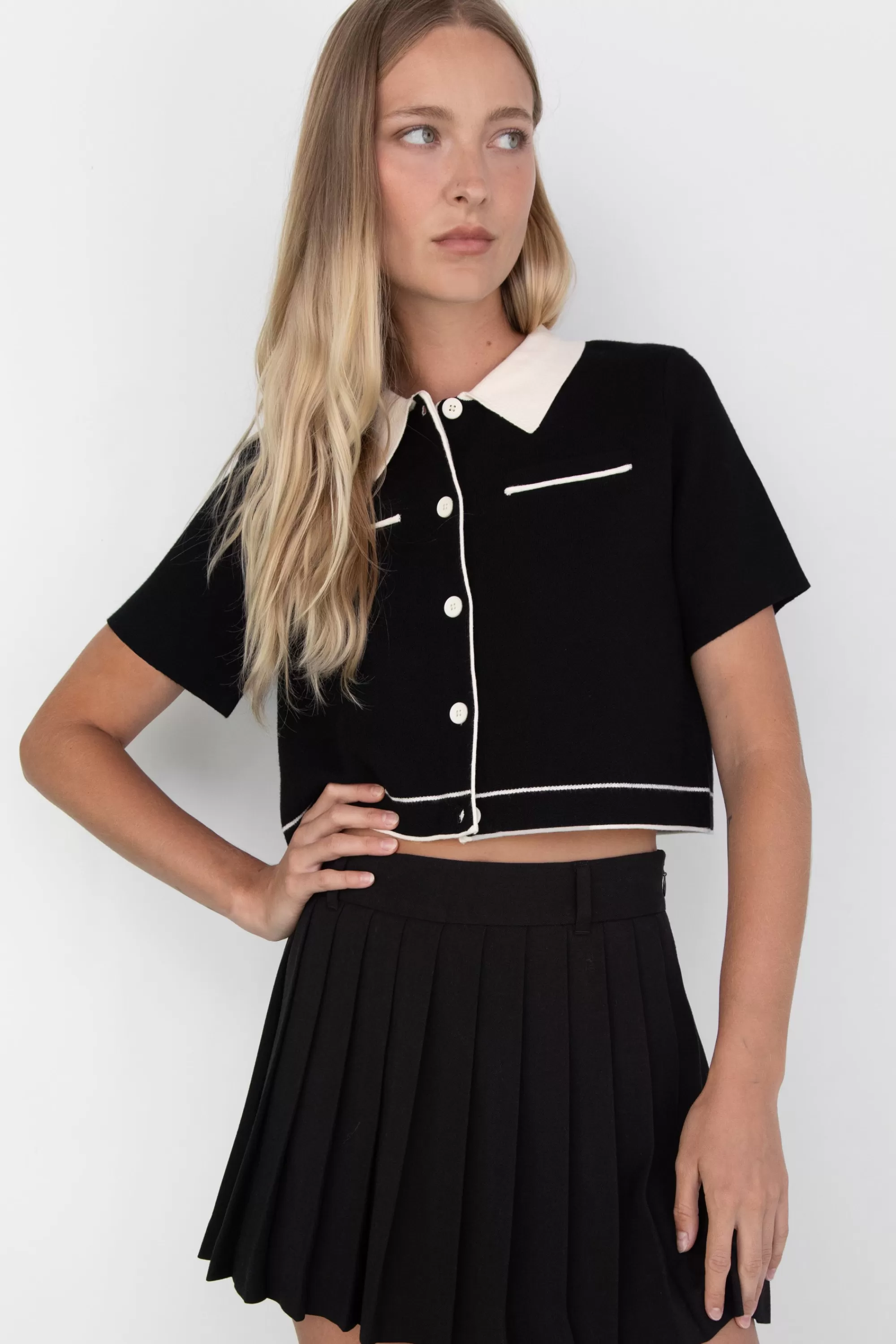 OAK + FORT CROPPED KNIT CONTRAST TRIM TOP | Women Tops | Sweaters & Cardigans