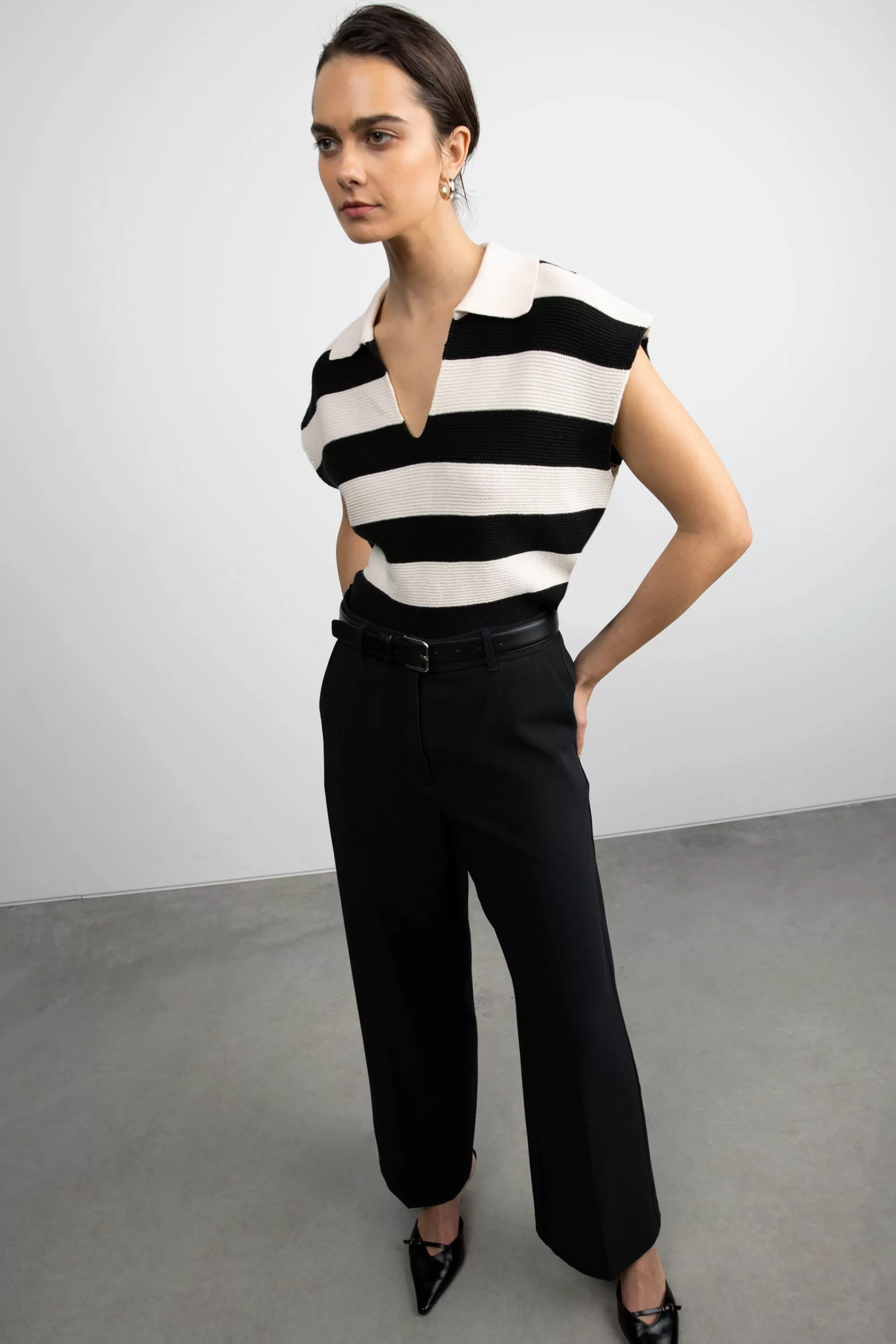 OAK + FORT CROPPED STRIPED COLLARED SWEATER | Women Sweaters & Cardigans