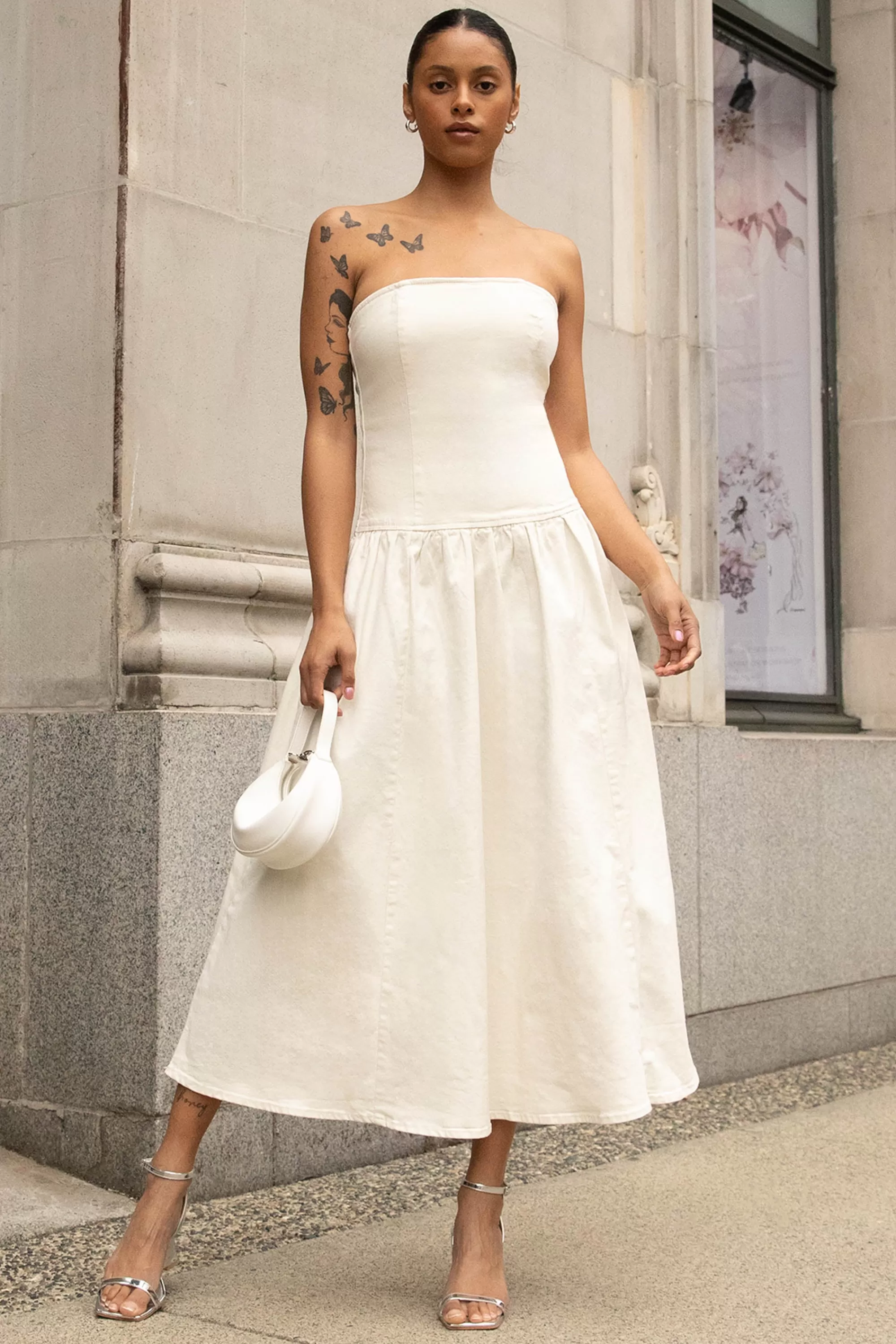 OAK + FORT DROP-WAIST STRAPLESS TWILL DRESS | Women Dresses