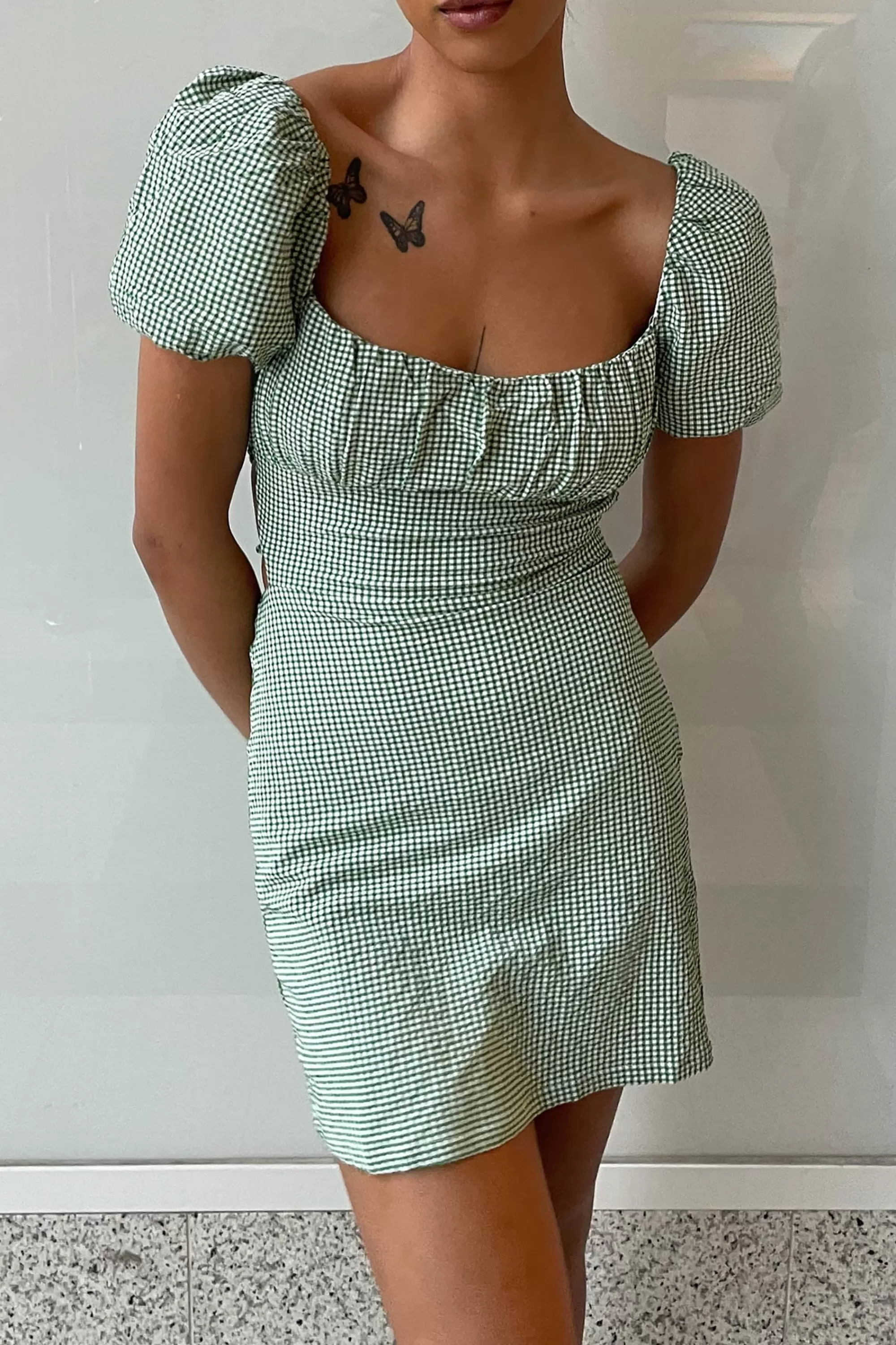 OAK + FORT GINGHAM PUFF SLEEVE MINI DRESS | Women Dresses