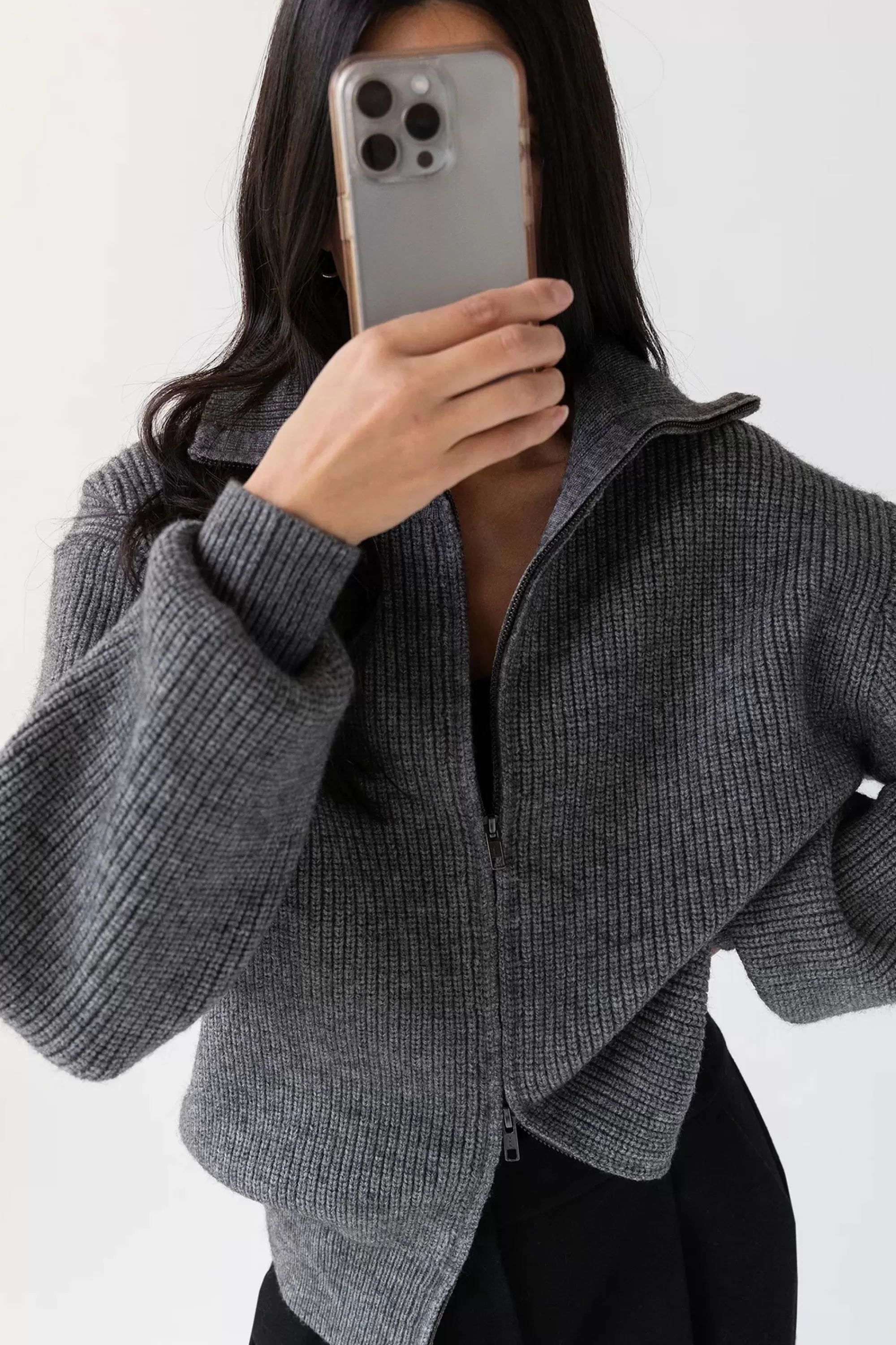 OAK + FORT HIGH NECKLINE ZIP UP SWEATER | Women Sweaters & Cardigans