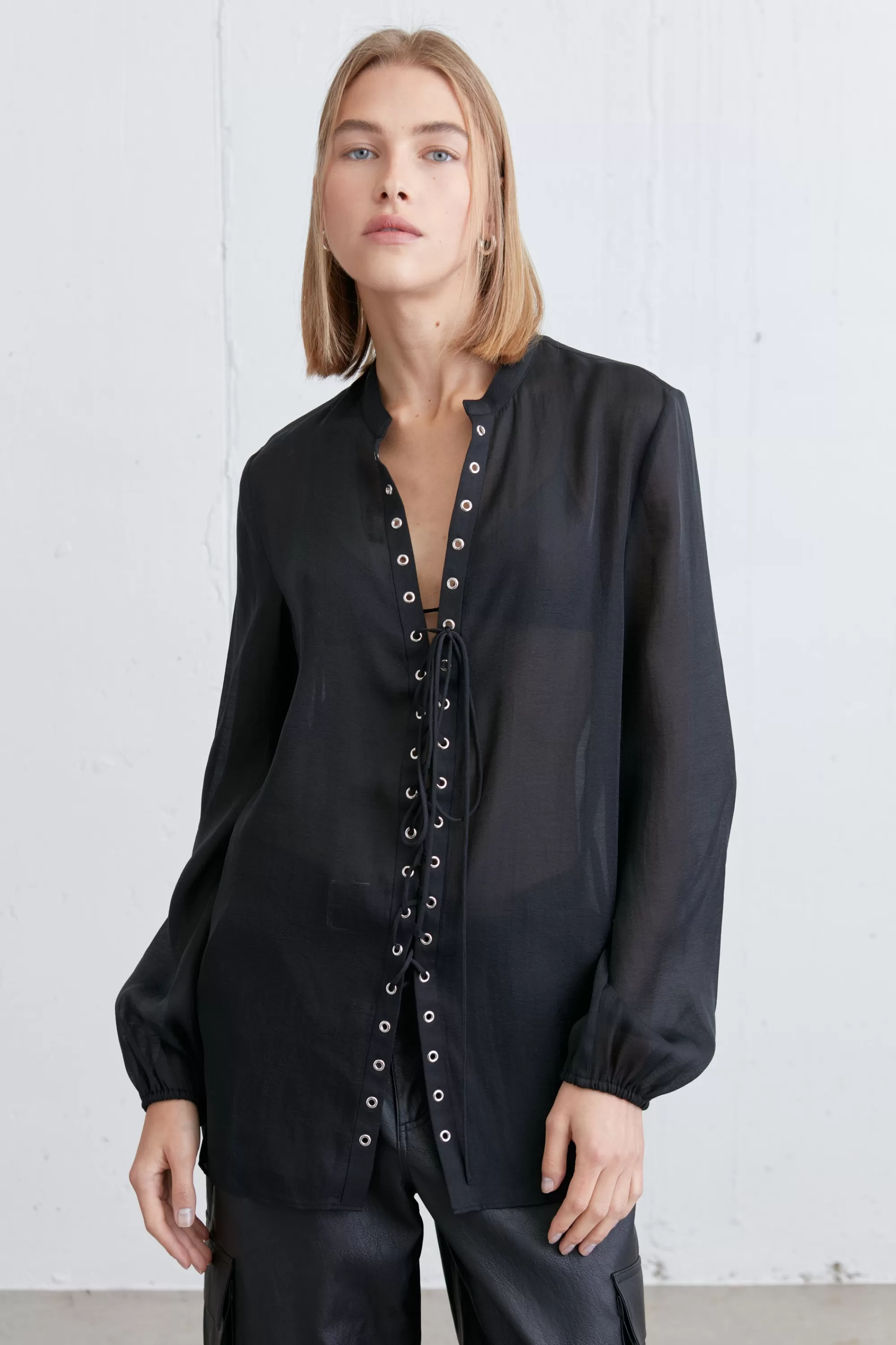 OAK + FORT LACE-UP CHIFFON BLOUSE | Women Tops