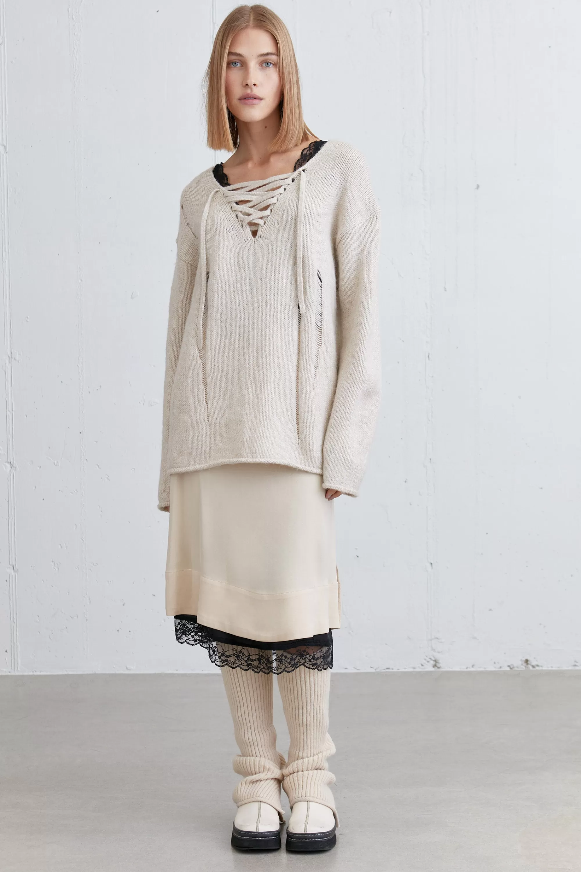 OAK + FORT LACE-UP DISTRESSED SWEATER | Women Sweaters & Cardigans