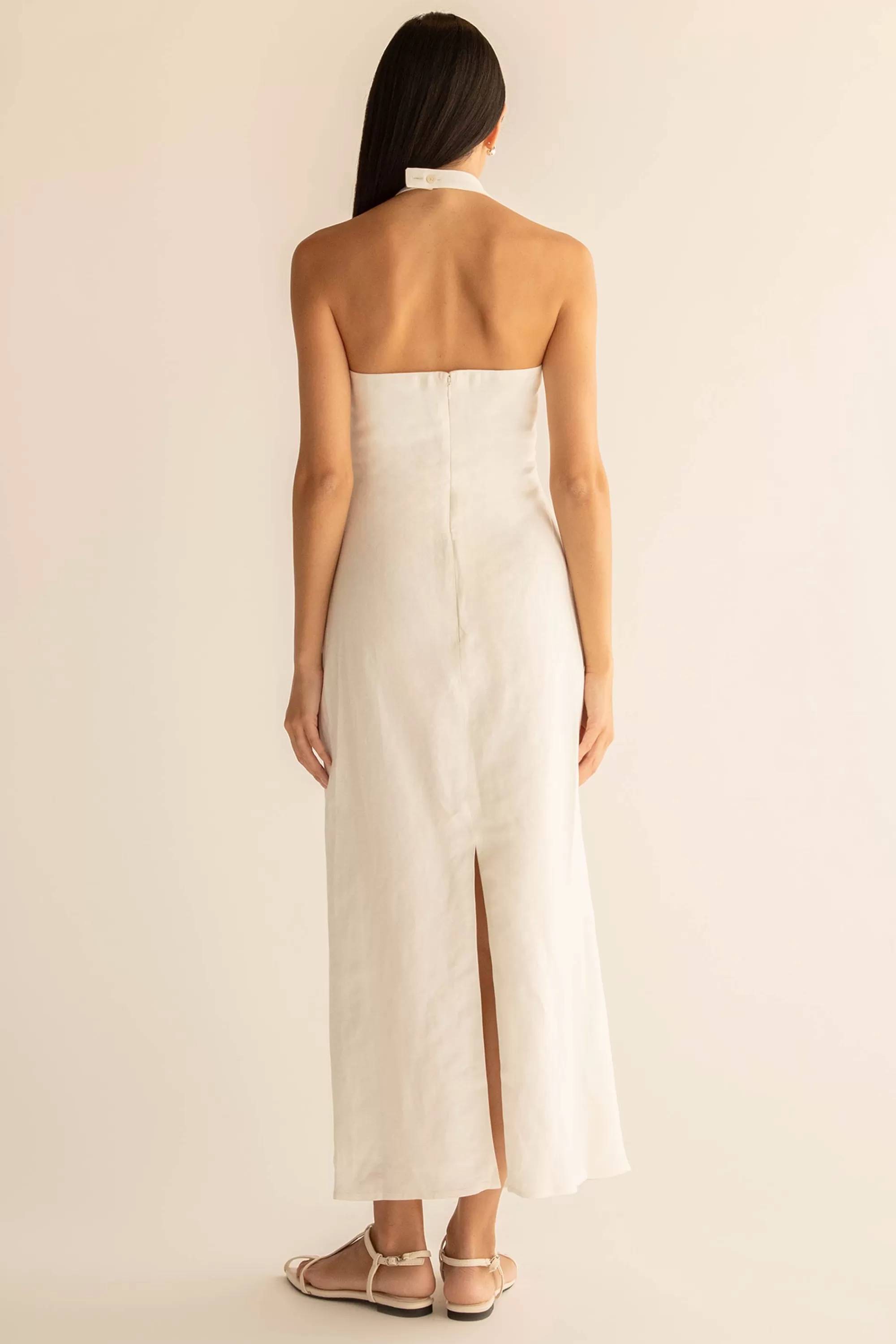 OAK + FORT LINEN BLEND ASYMMETRIC HALTER MAXI DRESS | Women Dresses