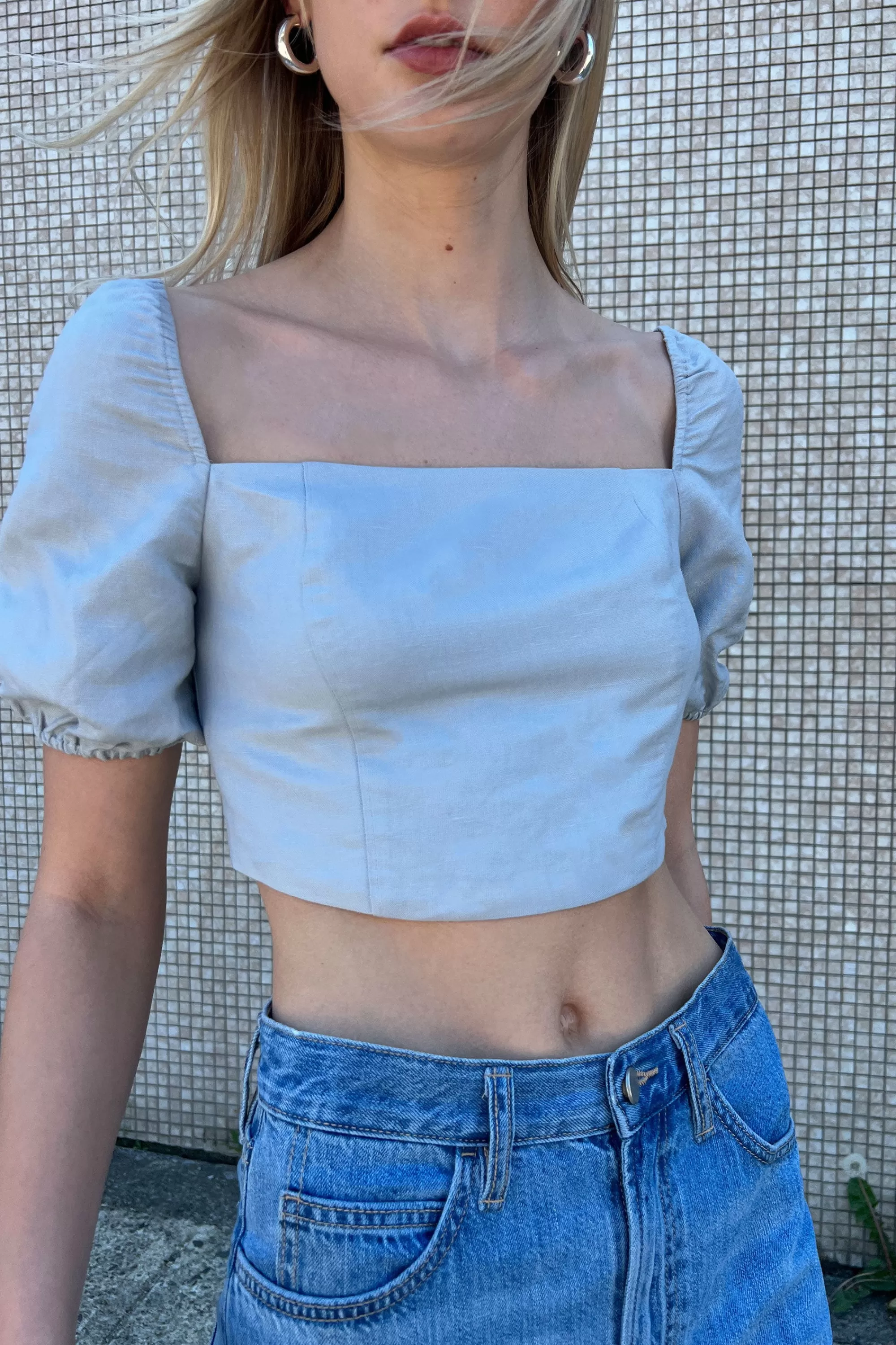 OAK + FORT LINEN BLEND PUFF SLEEVE BLOUSE | Women Tops
