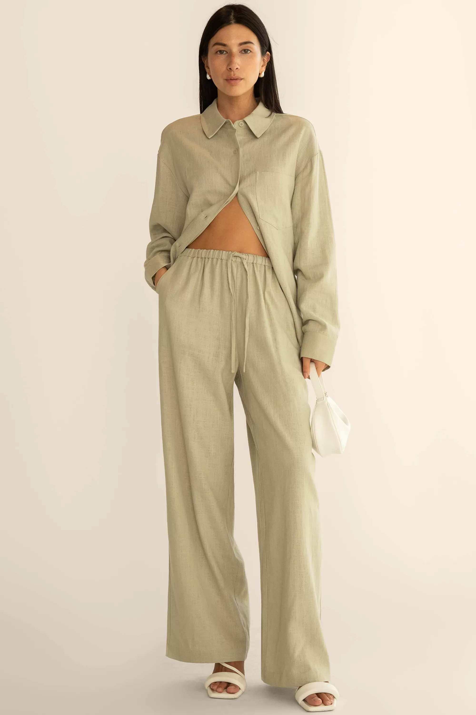 OAK + FORT LINEN BLEND WIDE LEG PANT | Women Pants