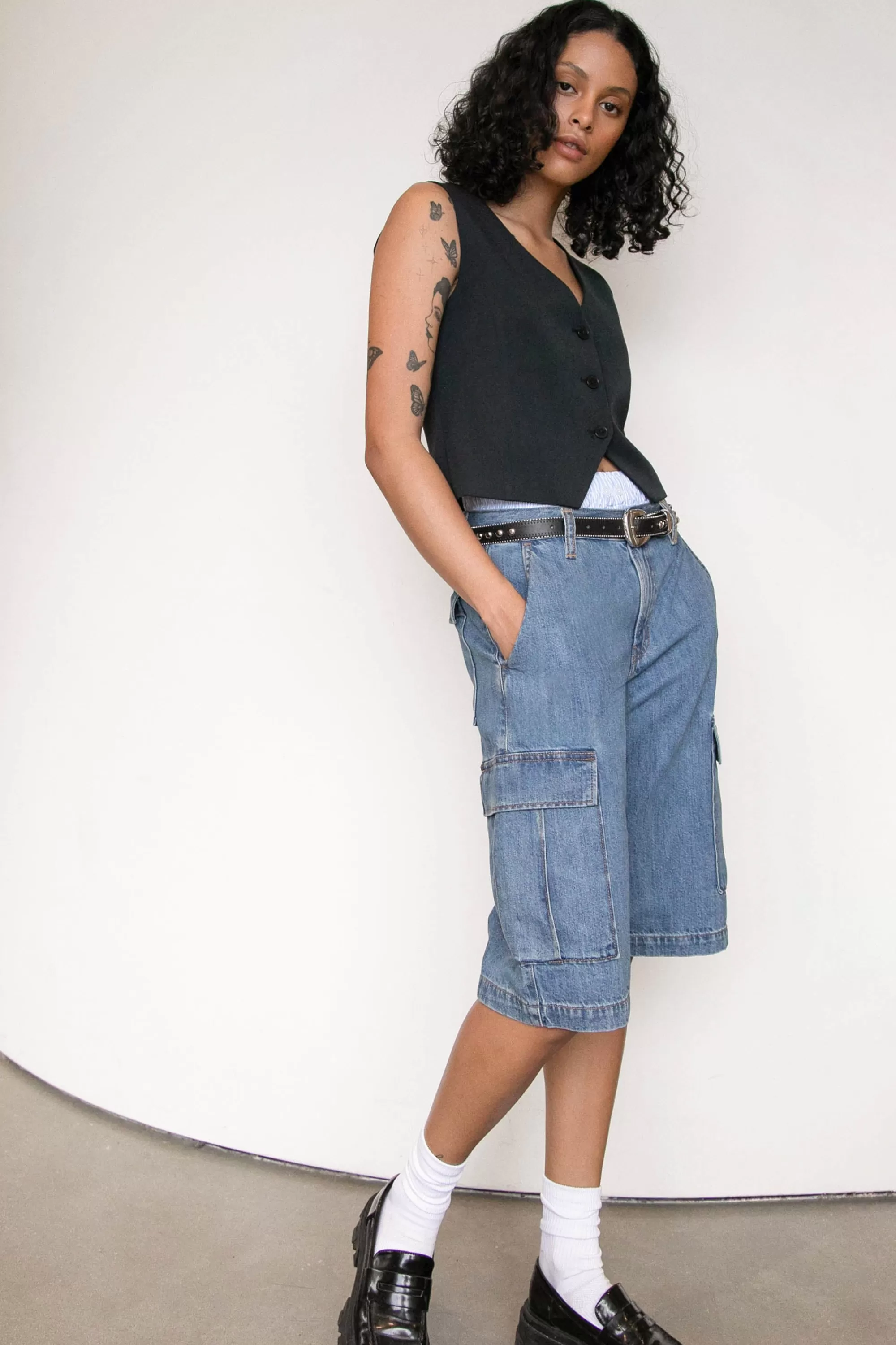 OAK + FORT LONG CARGO DENIM SHORT | Women Denim | Shorts