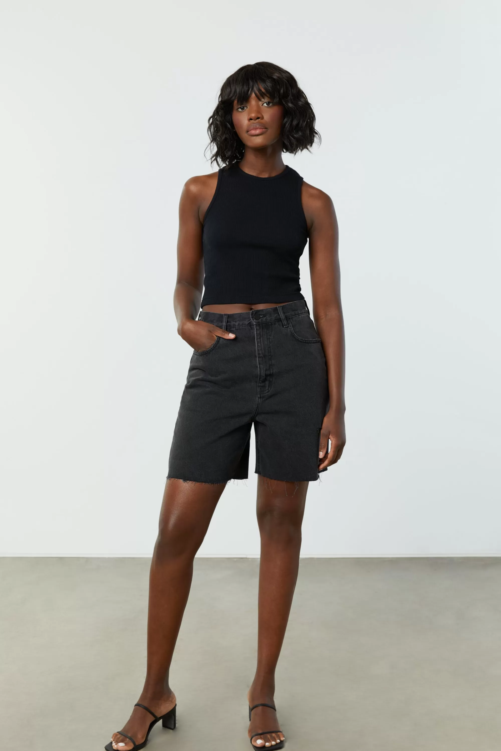 OAK + FORT LONG DENIM SHORT | Women Shorts