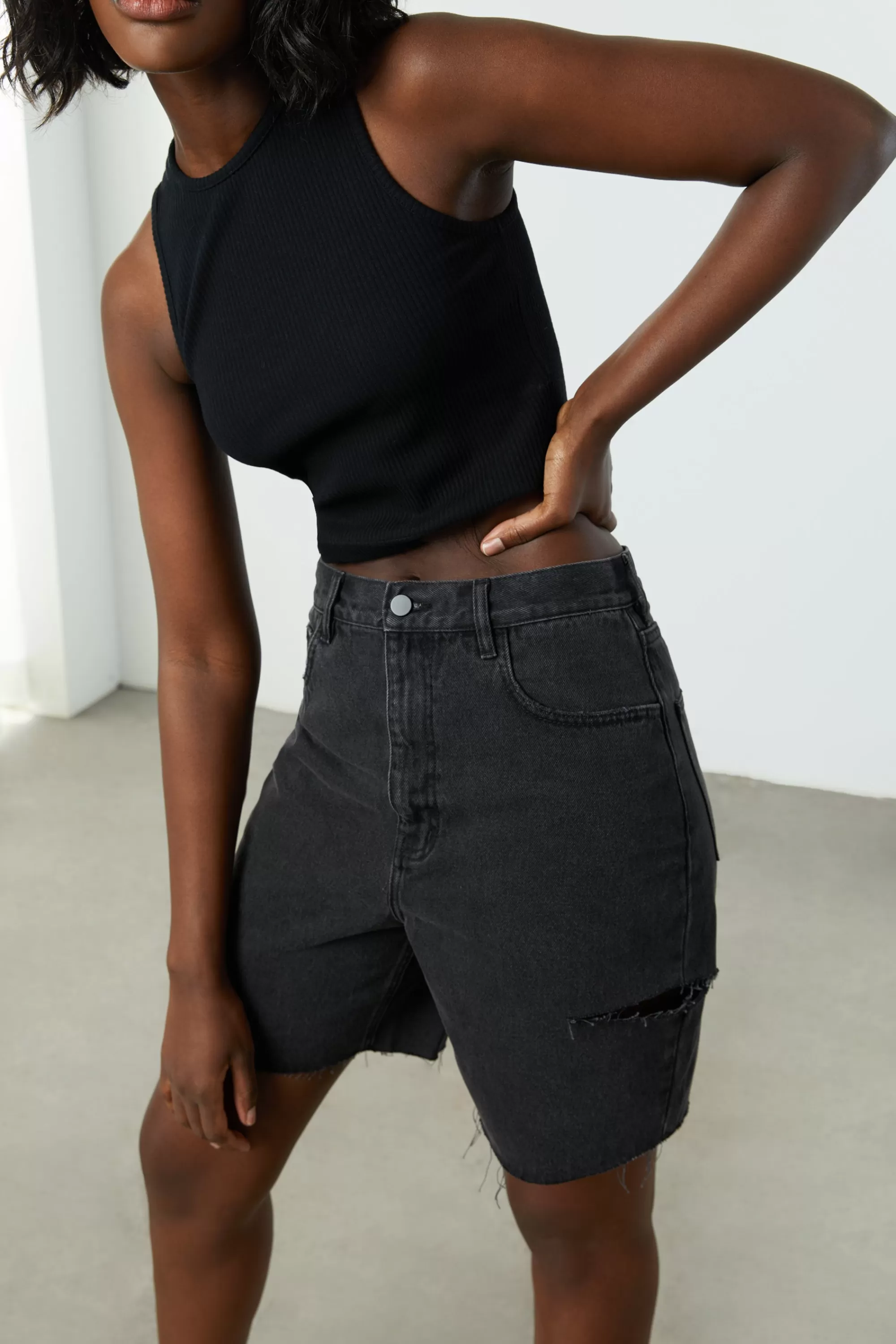 OAK + FORT LONG DENIM SHORT | Women Shorts