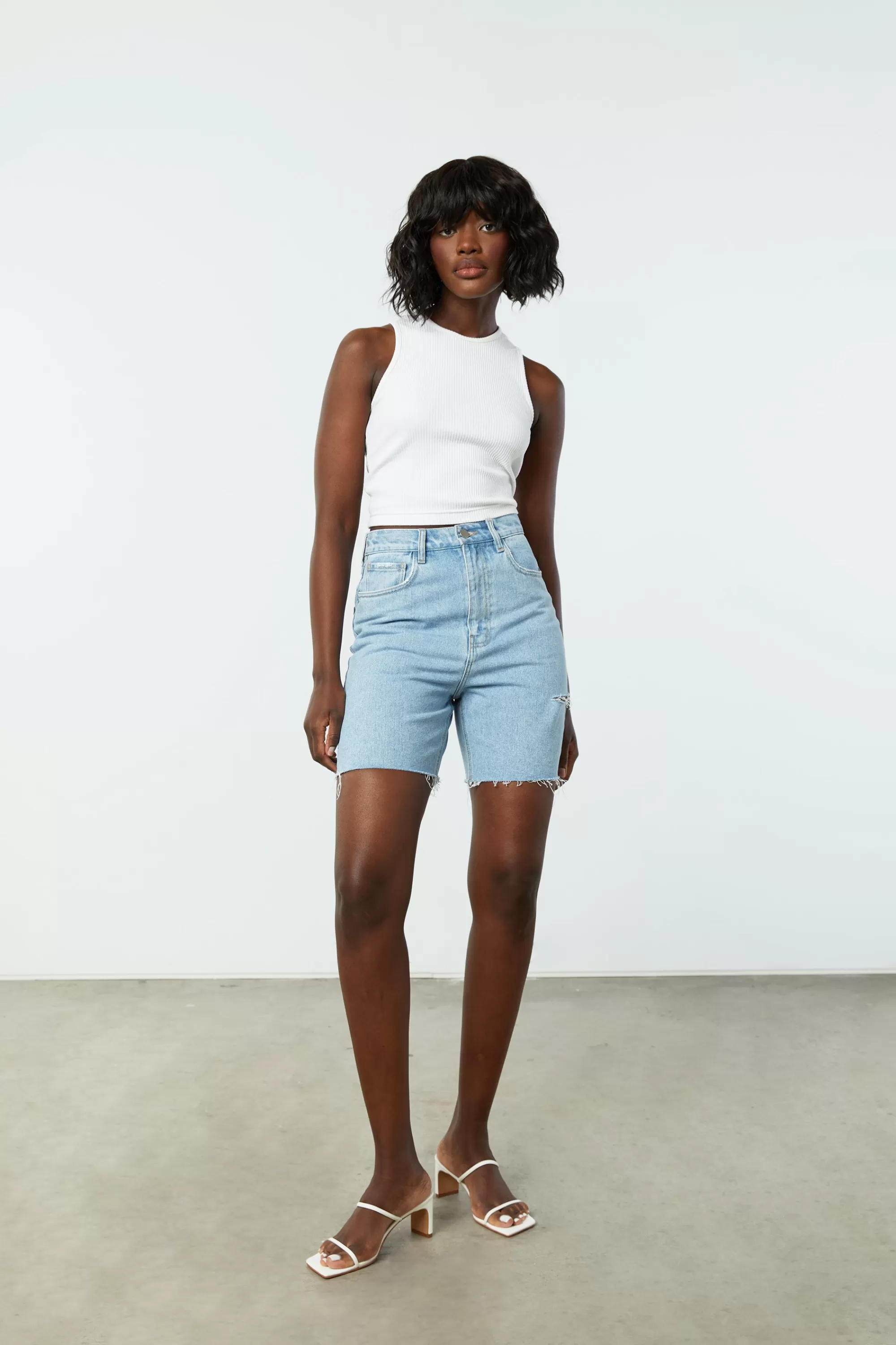 OAK + FORT LONG DENIM SHORTS | Women Shorts