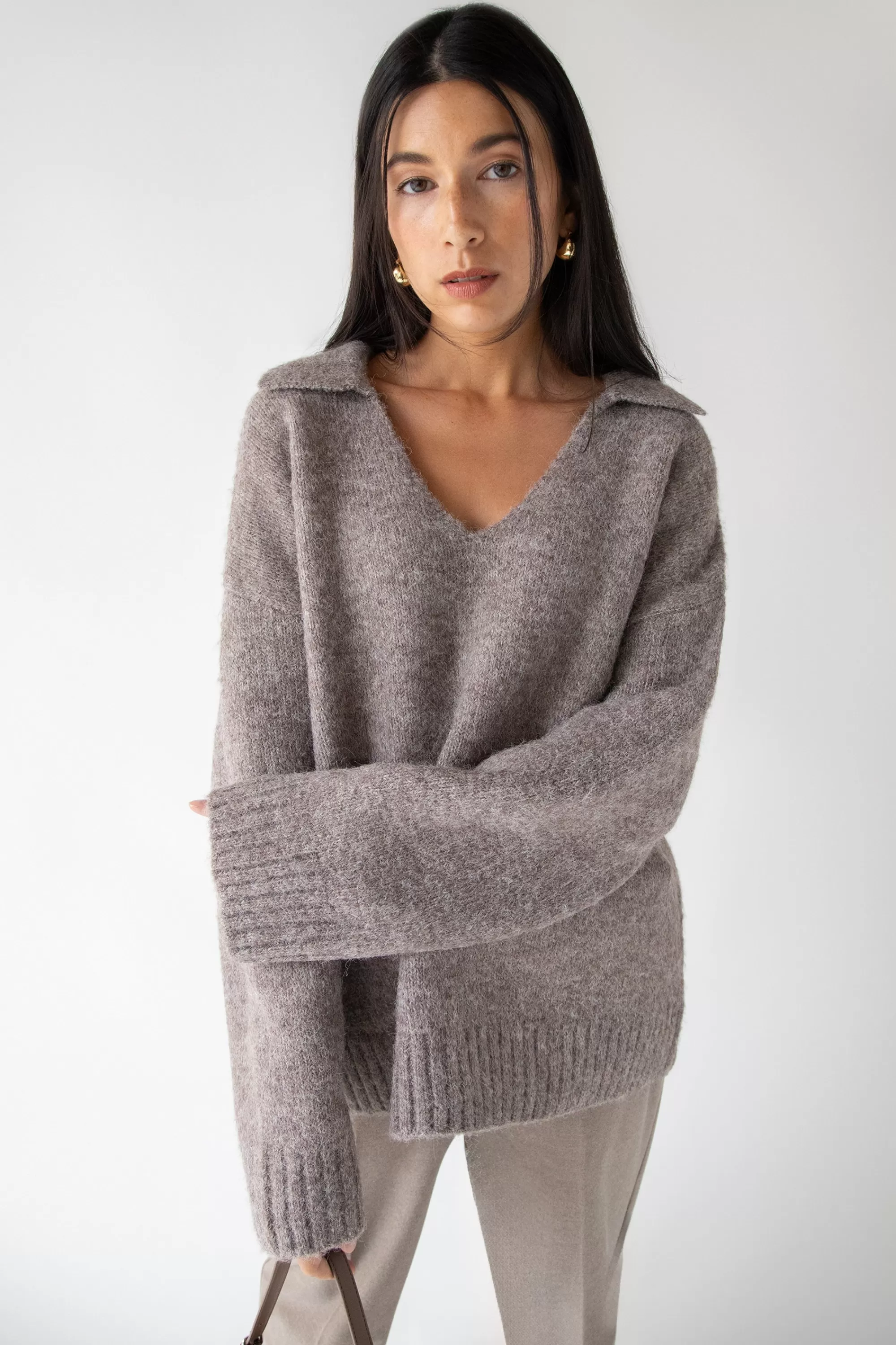 OAK + FORT OVERSIZED COLLARED V-NECK SWEATER | Women Sweaters & Cardigans