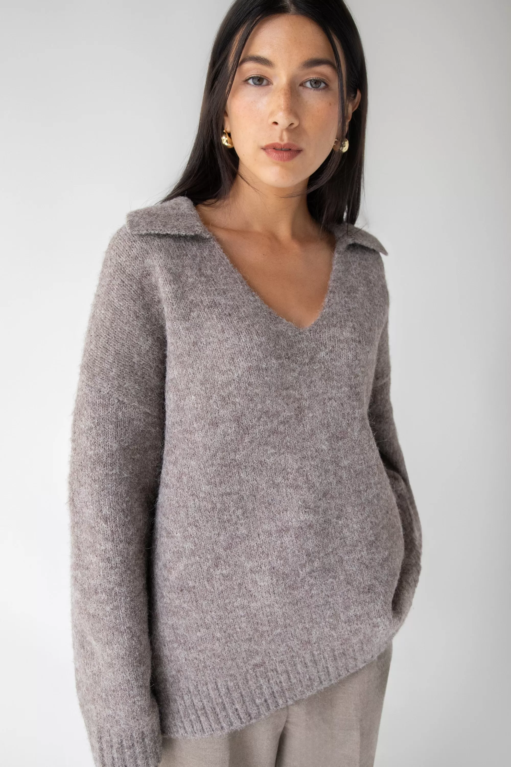 OAK + FORT OVERSIZED COLLARED V-NECK SWEATER | Women Sweaters & Cardigans