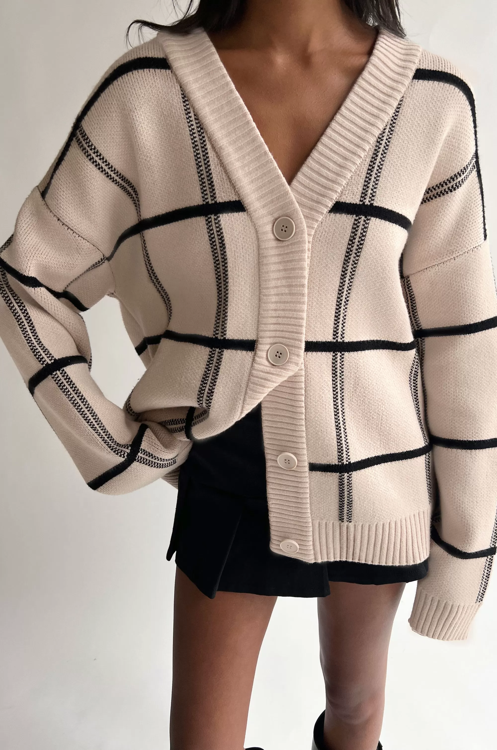 OAK + FORT OVERSIZED GRID BUTTON FRONT CARDIGAN | Women Sweaters & Cardigans