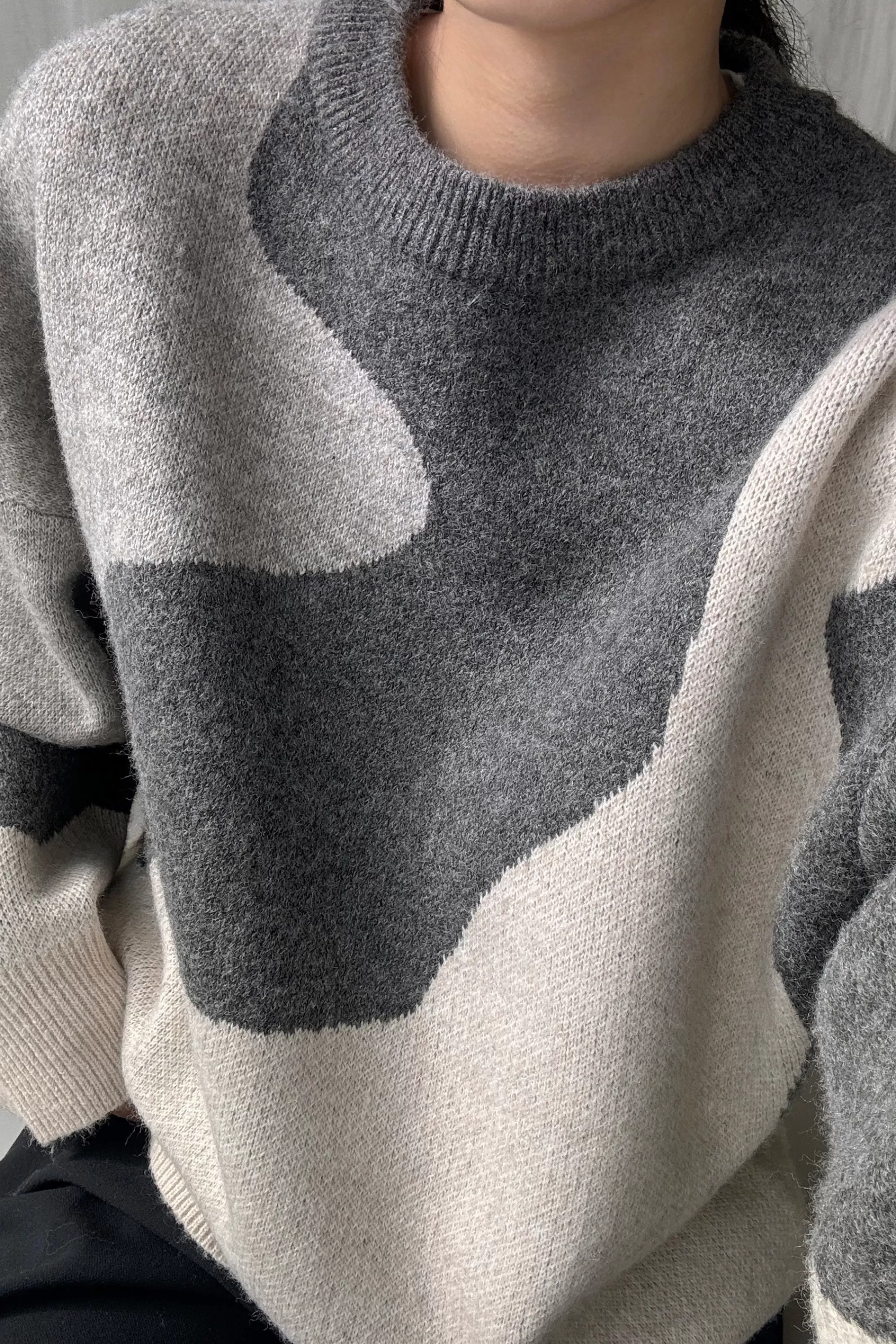 OAK + FORT OVERSIZED INTARSIA KNIT CREWNECK SWEATER | Women Sweaters & Cardigans