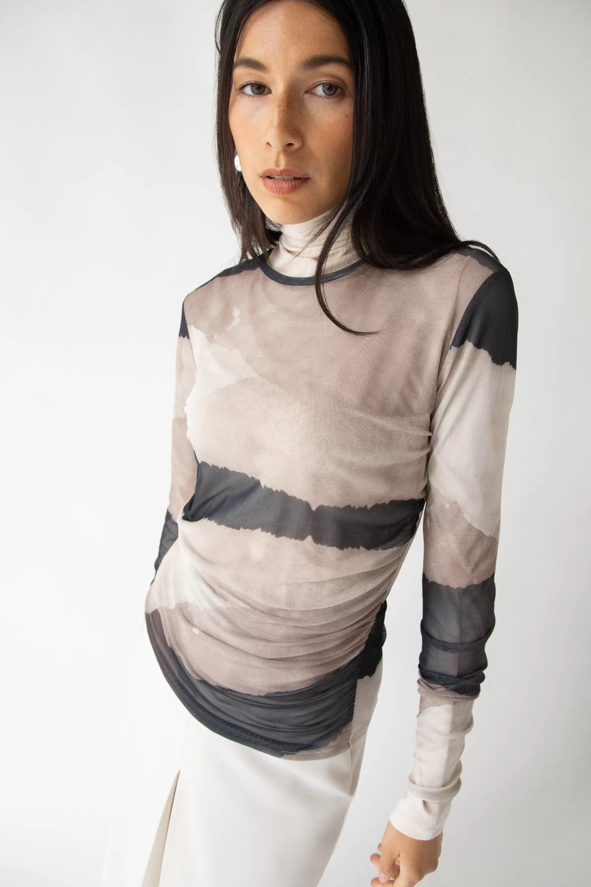 OAK + FORT PATTERNED MESH LONG SLEEVE TOP | Women Tops