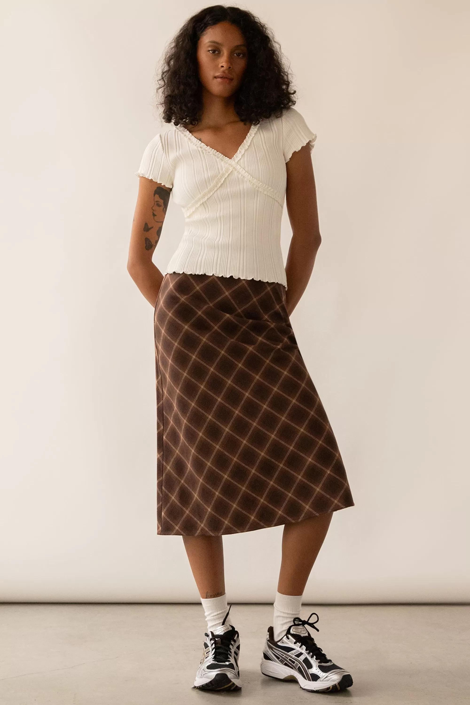 OAK + FORT PLAID MIDI SKIRT | Women Skirts