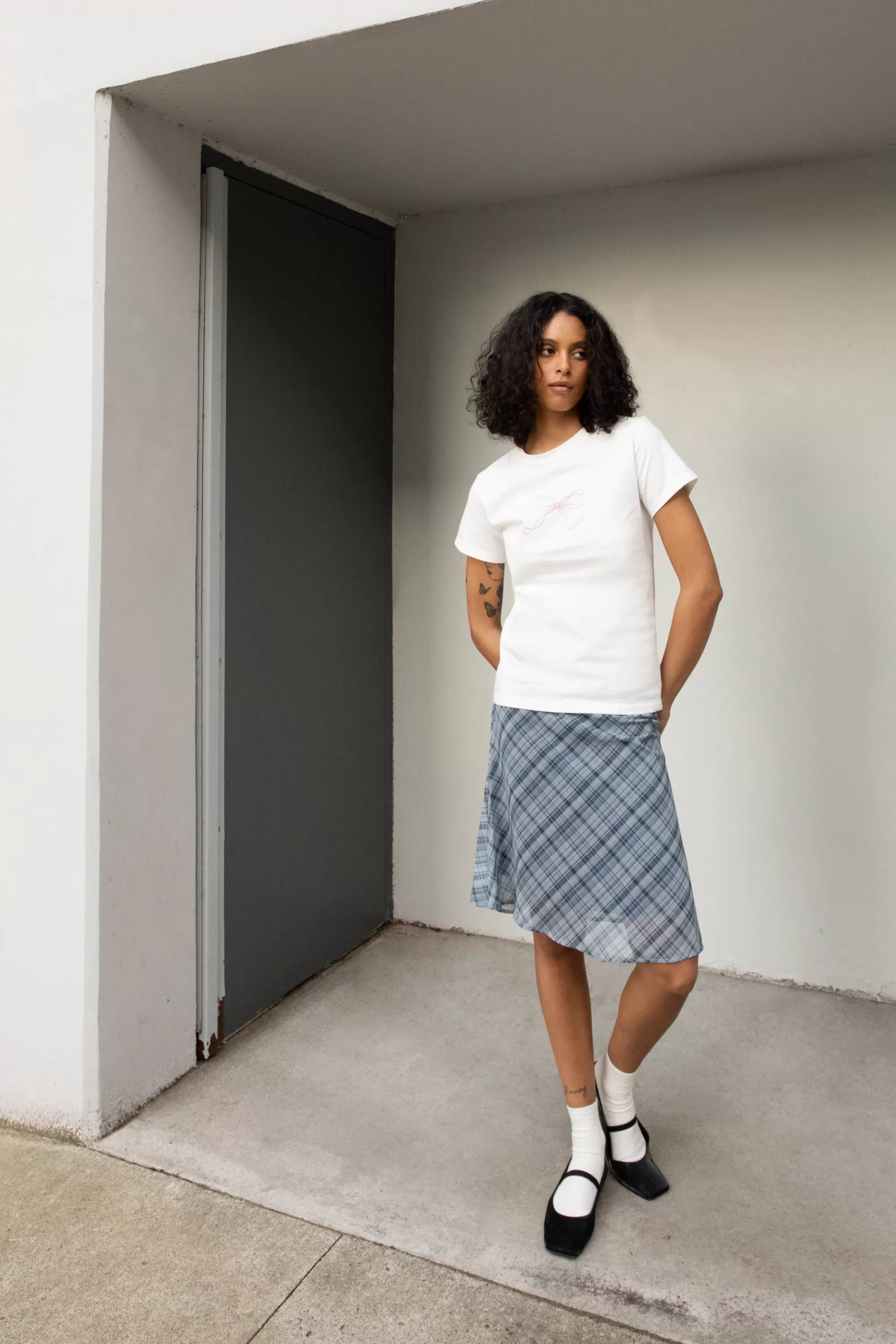 OAK + FORT PLAID MIDI SKIRT | Women Skirts