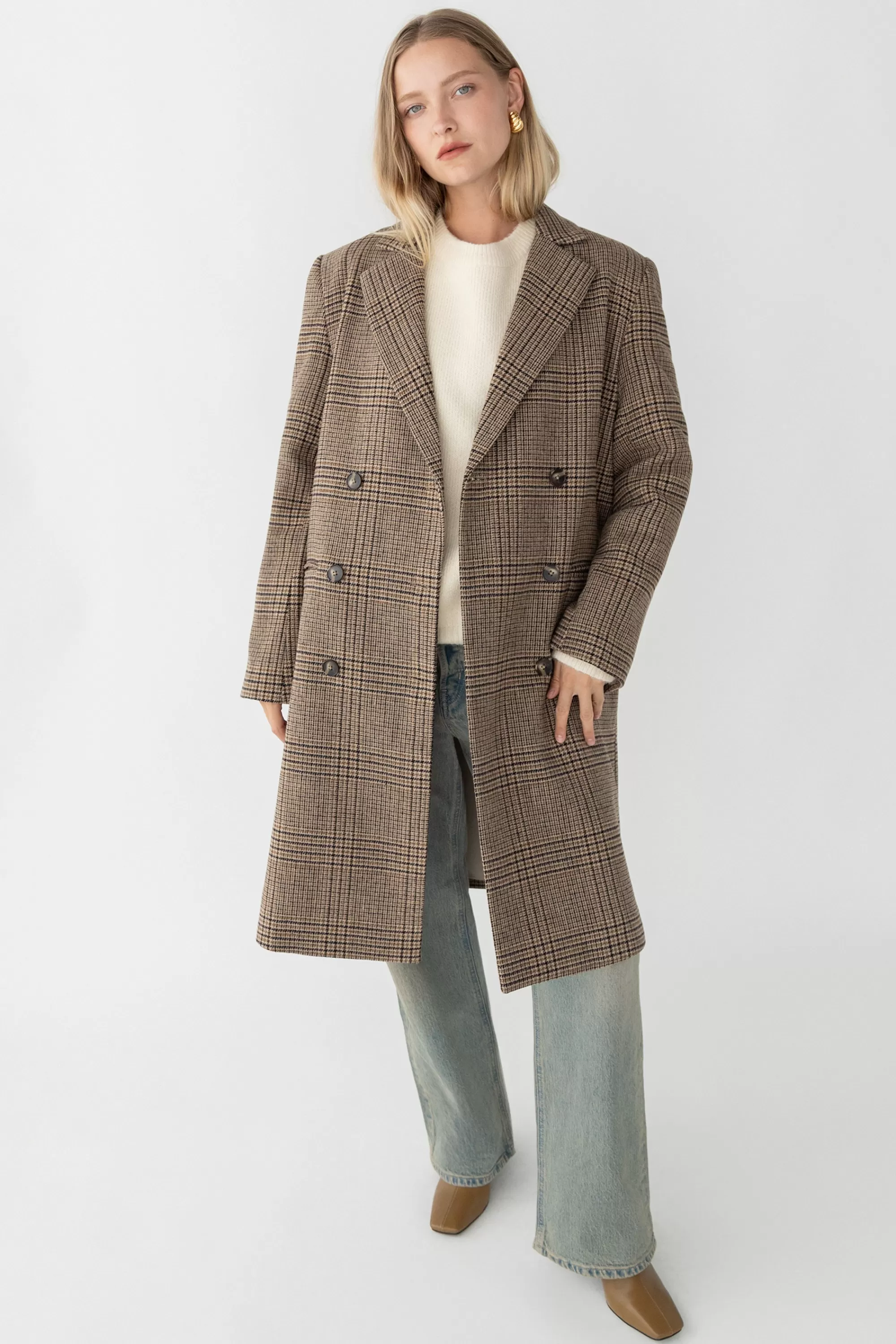 OAK + FORT PLAID WOOL BLEND DOUBLE-BREASTED COAT | Women Coats & Jackets