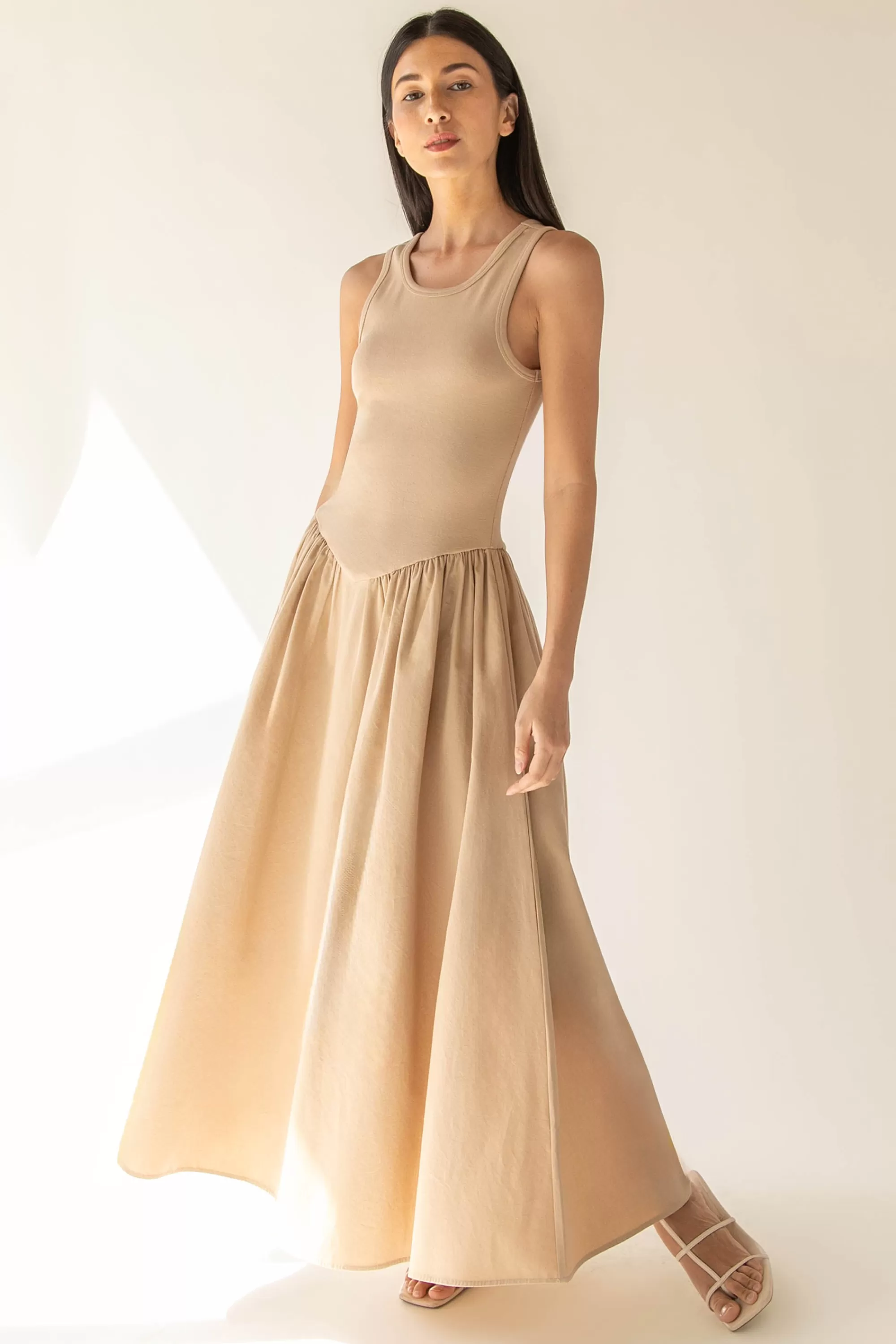OAK + FORT POPLIN RIB-KNIT DROP WAIST MIDI DRESS | Women Dresses