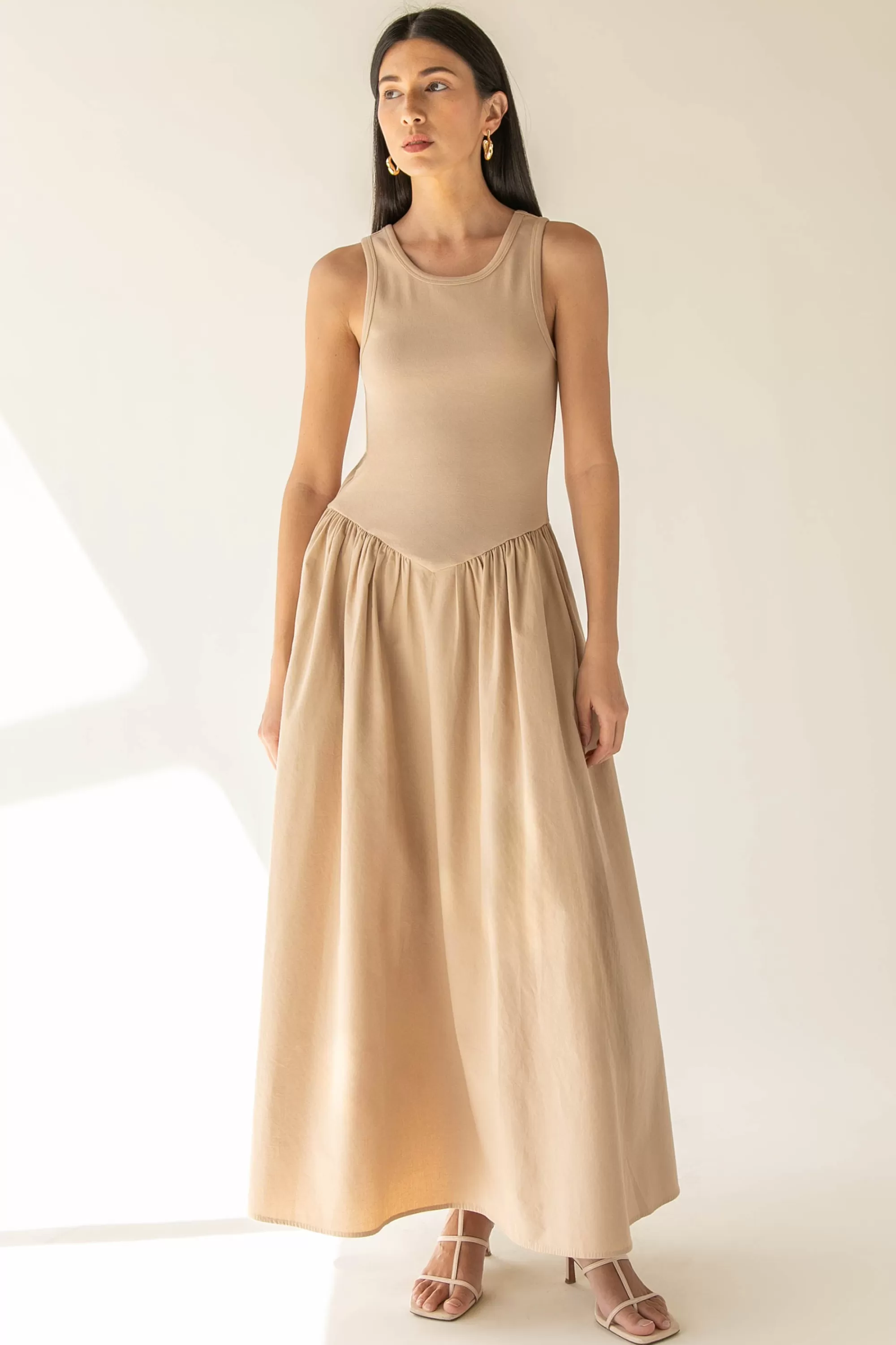 OAK + FORT POPLIN RIB-KNIT DROP WAIST MIDI DRESS | Women Dresses