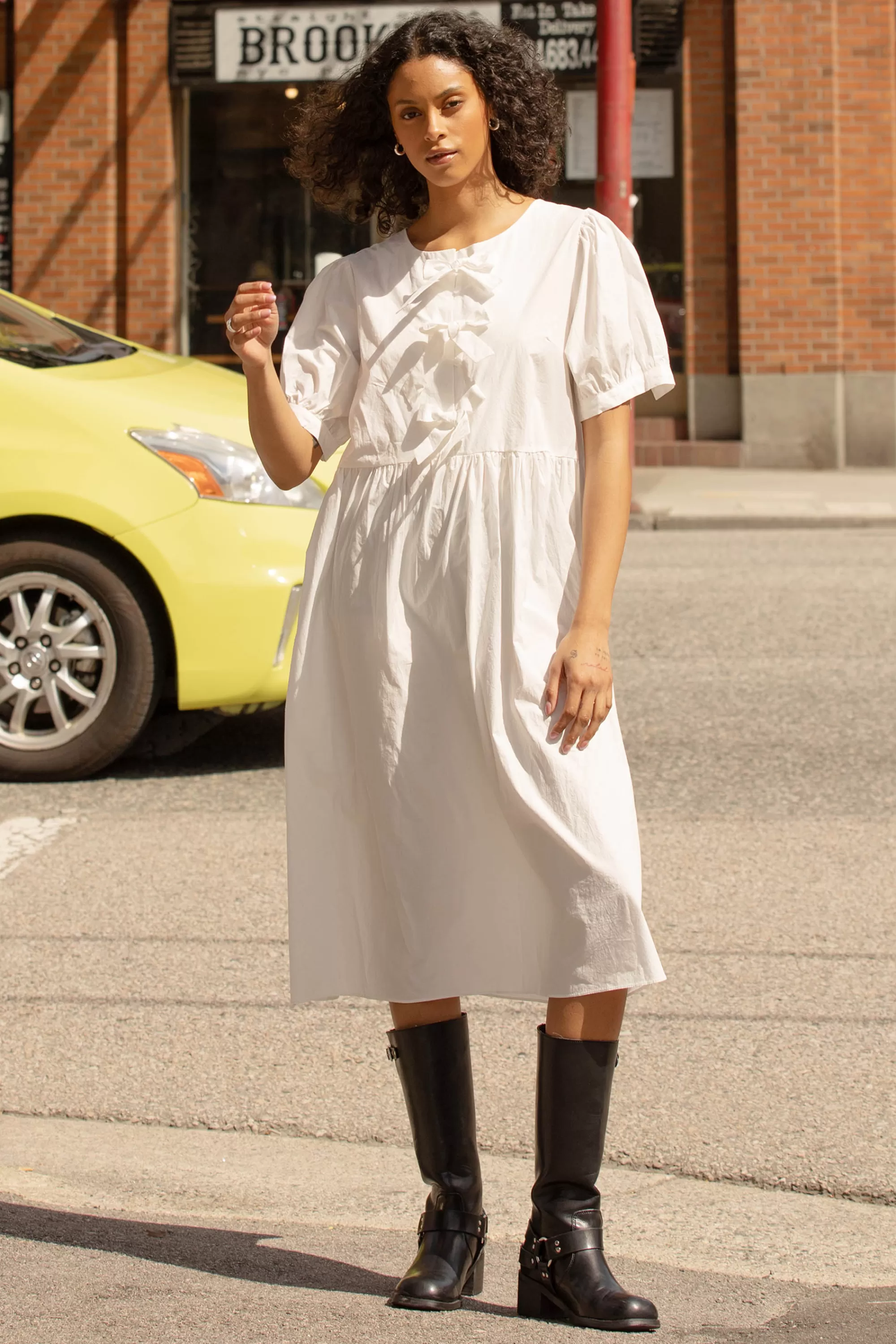 OAK + FORT PUFF SLEEVE MIDI DRESS WITH BOWS | Women Dresses