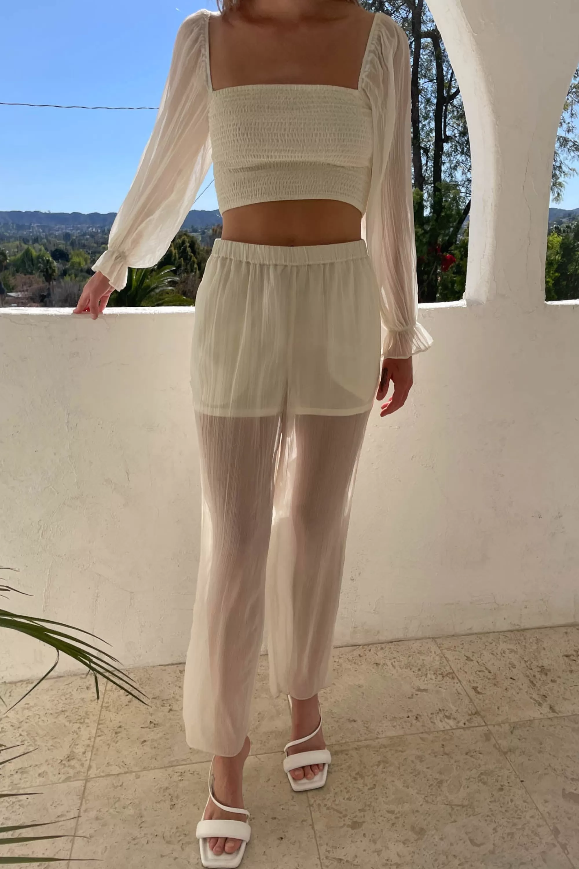 OAK + FORT SHEER CRINKLED STRAIGHT LEG PANT | Women Pants