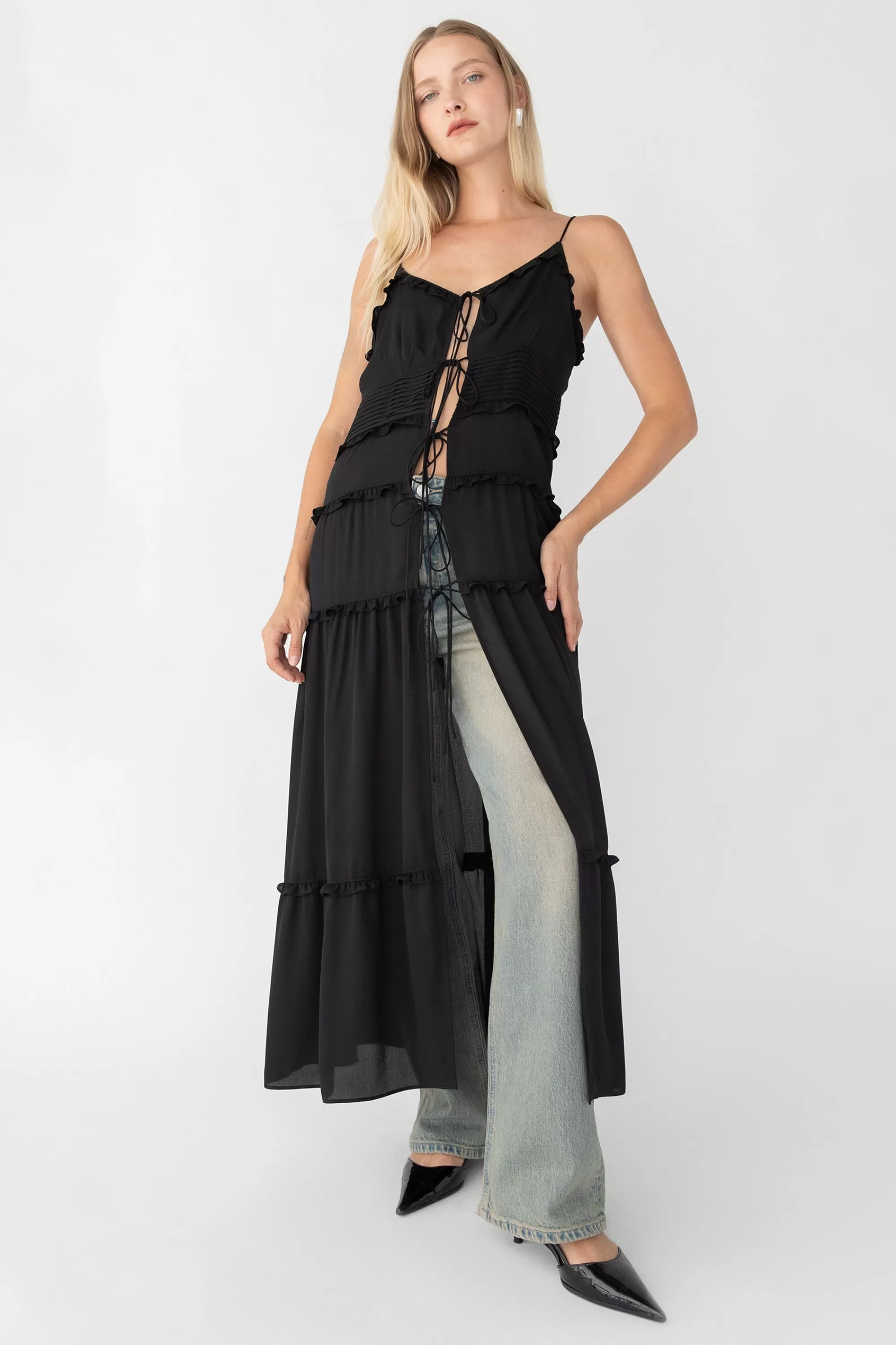 OAK + FORT SHEER TIE-FRONT TIERED MIDI DRESS | Women Dresses