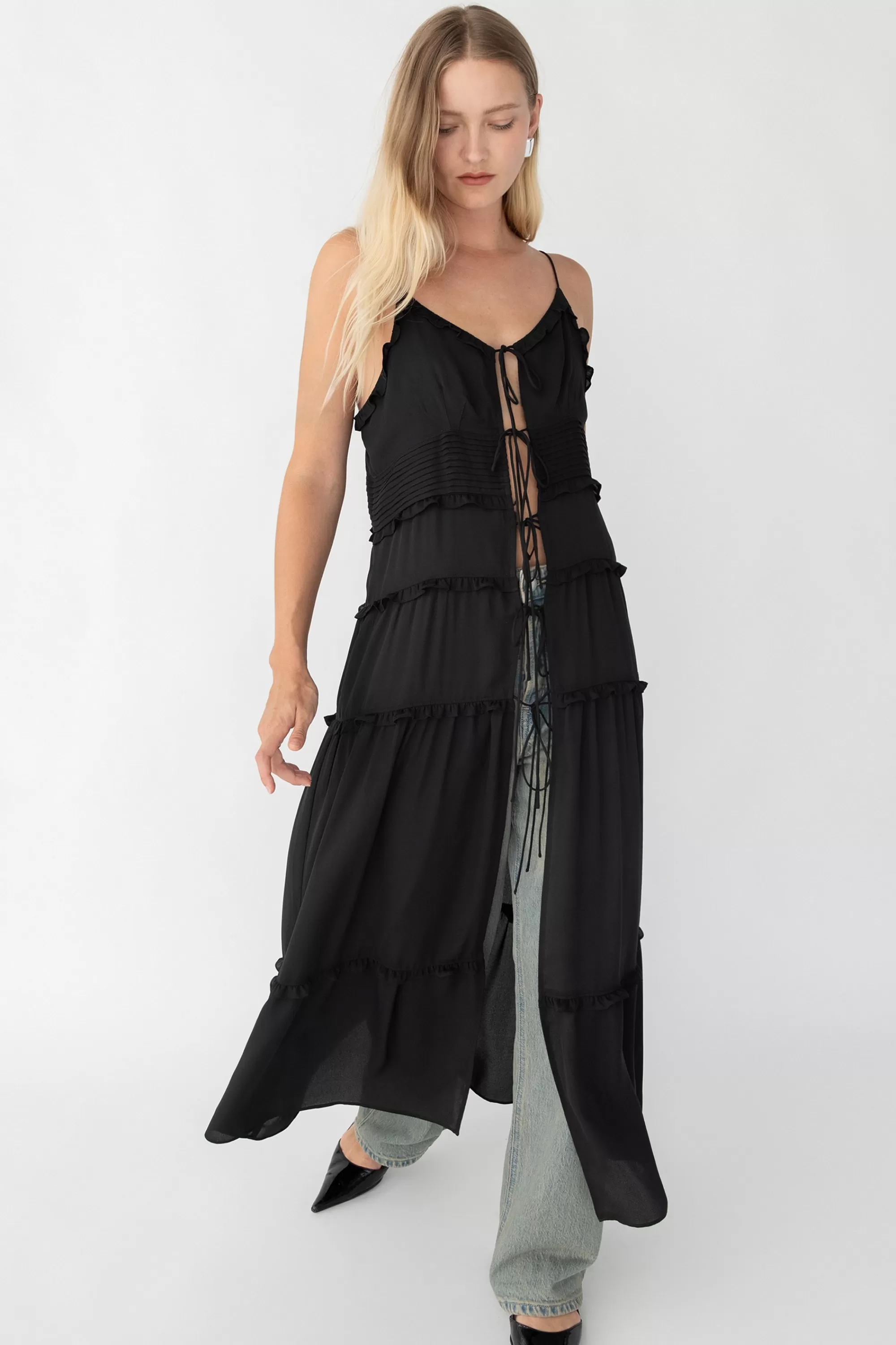 OAK + FORT SHEER TIE-FRONT TIERED MIDI DRESS | Women Dresses