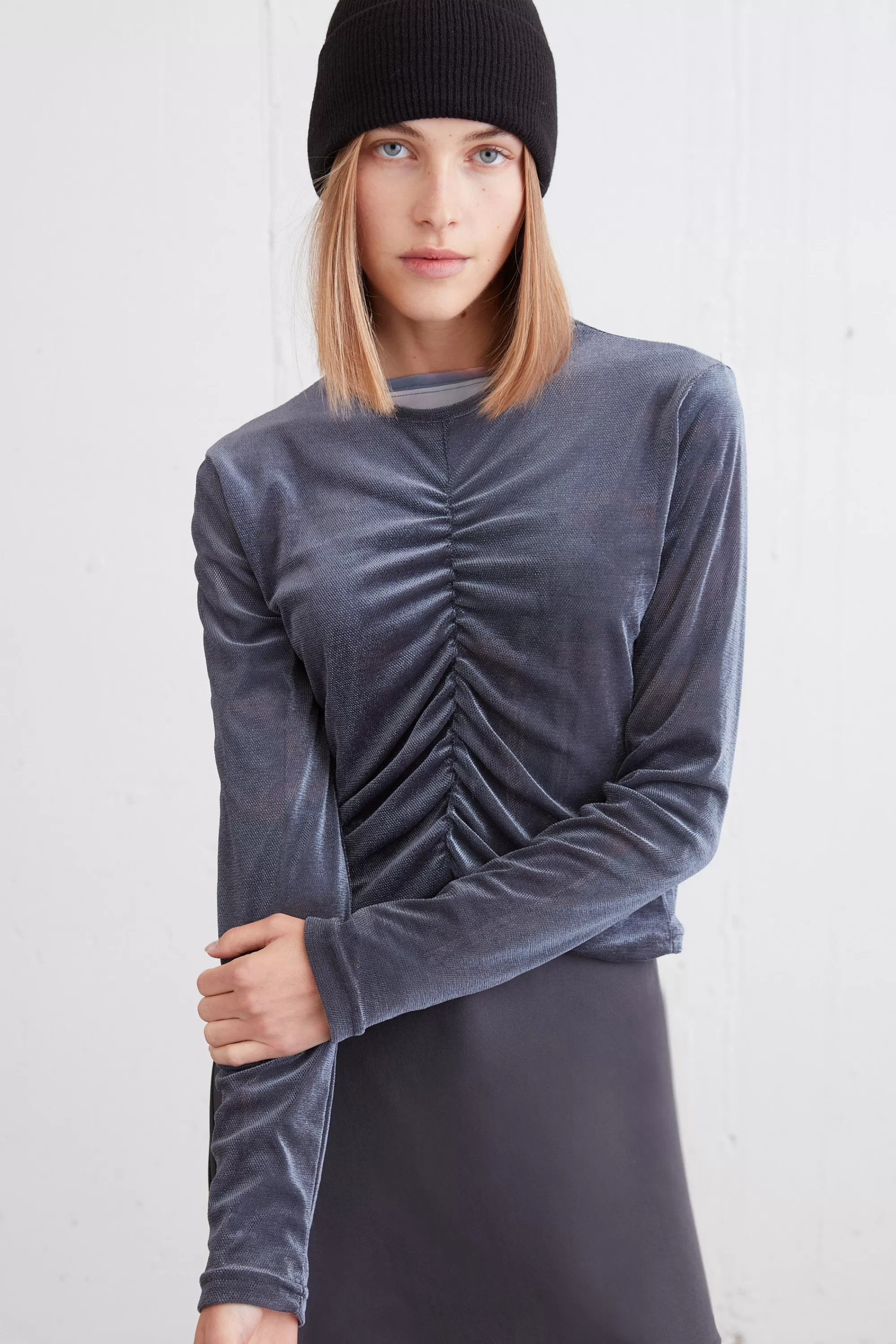 OAK + FORT SHINY TOP WITH FRONT GATHER DETAIL | Women Tops