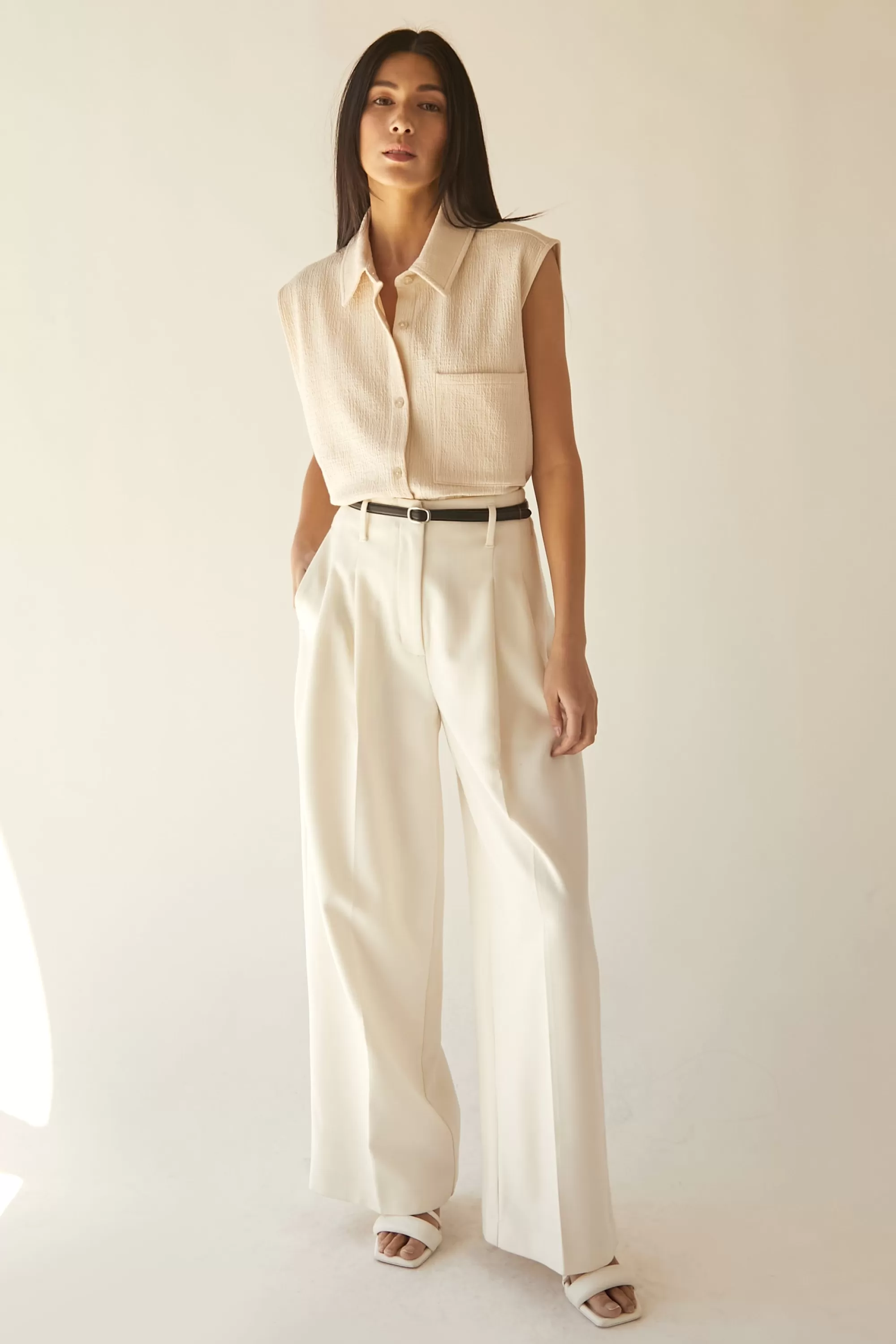 OAK + FORT SLEEVELESS OVERSIZED KNIT SHIRT | Women Tops