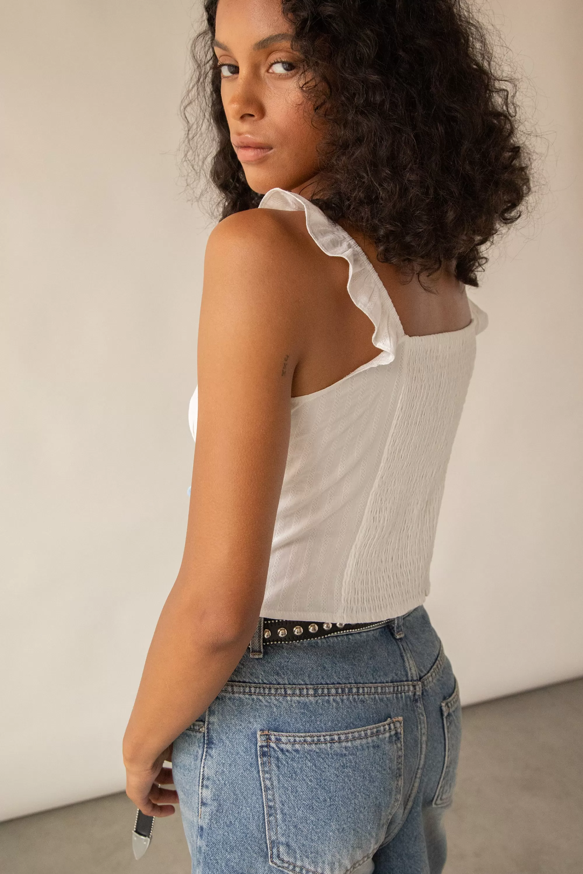 OAK + FORT SMOCKED TOP WITH RUFFLE STRAPS | Women Tops