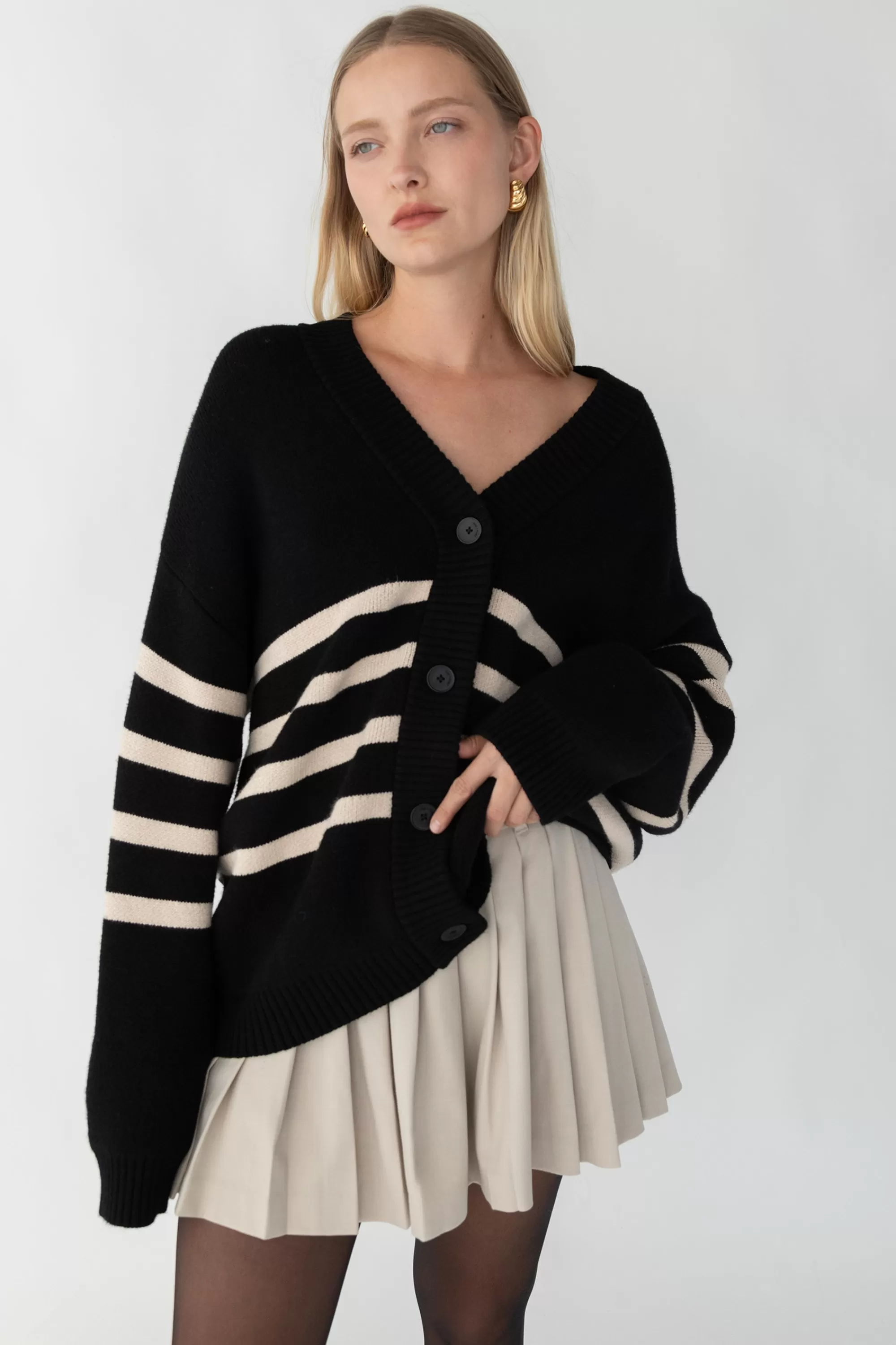 OAK + FORT STRIPED BUTTON FRONT CARDIGAN | Women Sweaters & Cardigans