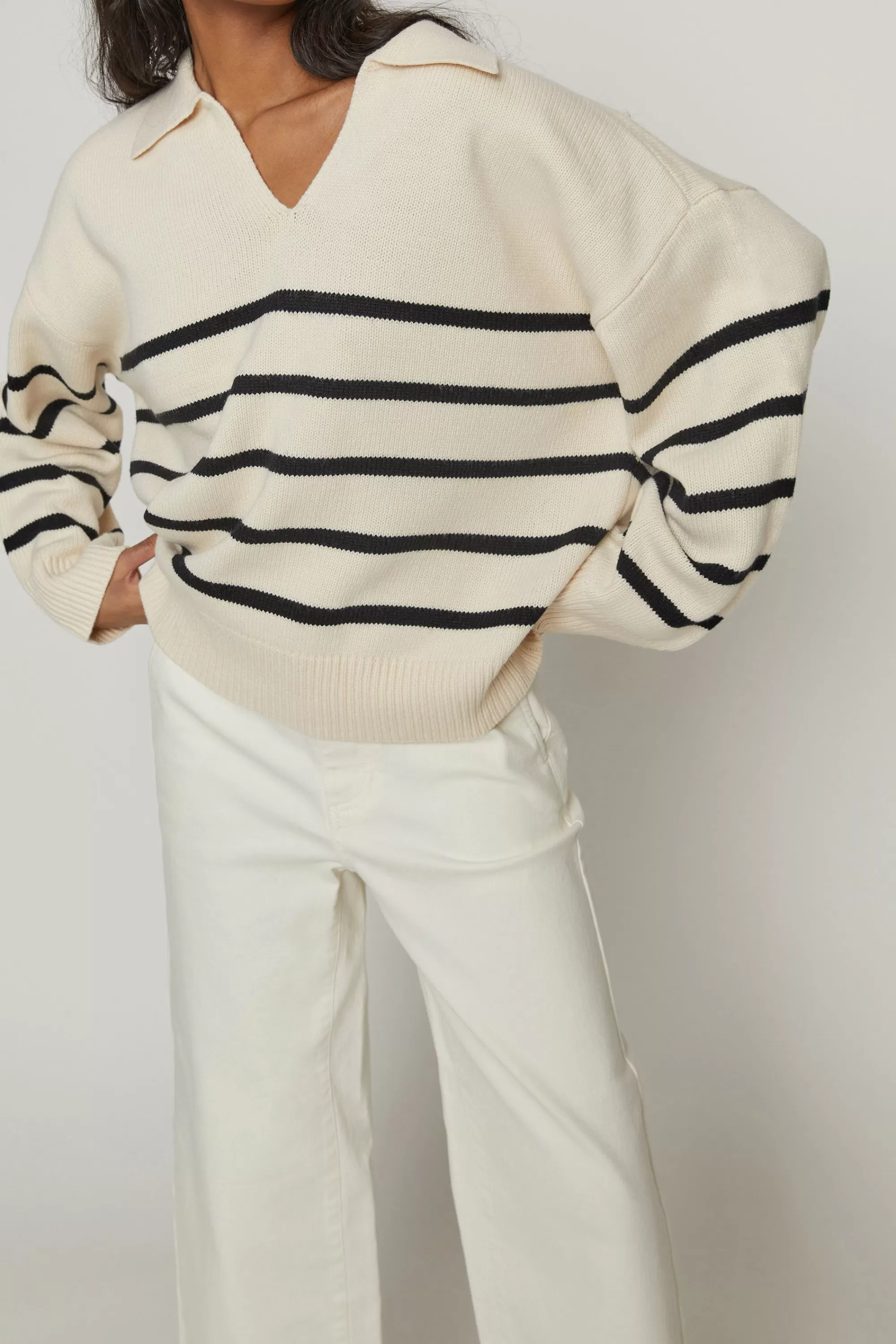 OAK + FORT STRIPED COLLARED SWEATER | Women Sweaters & Cardigans
