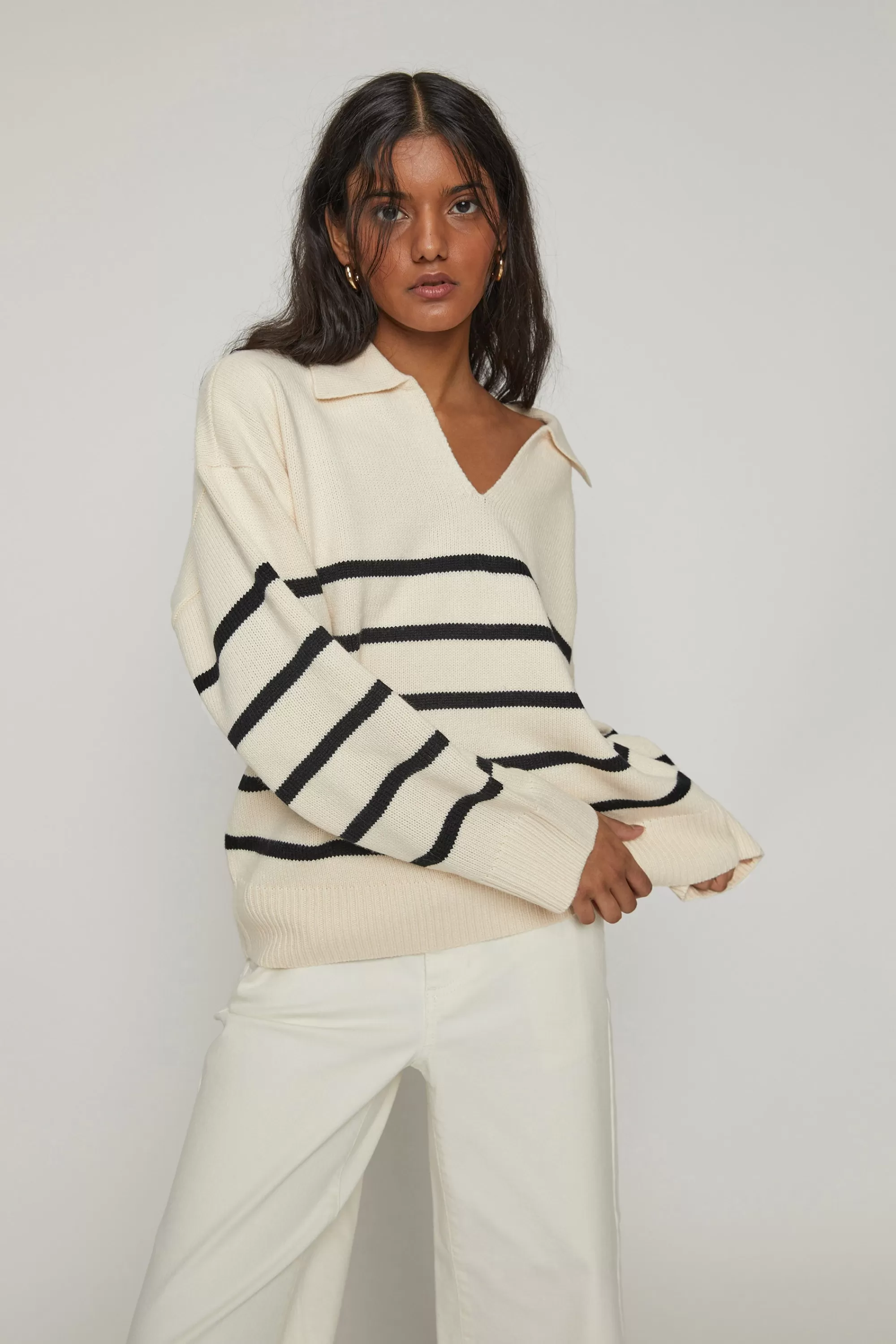 OAK + FORT STRIPED COLLARED SWEATER | Women Sweaters & Cardigans