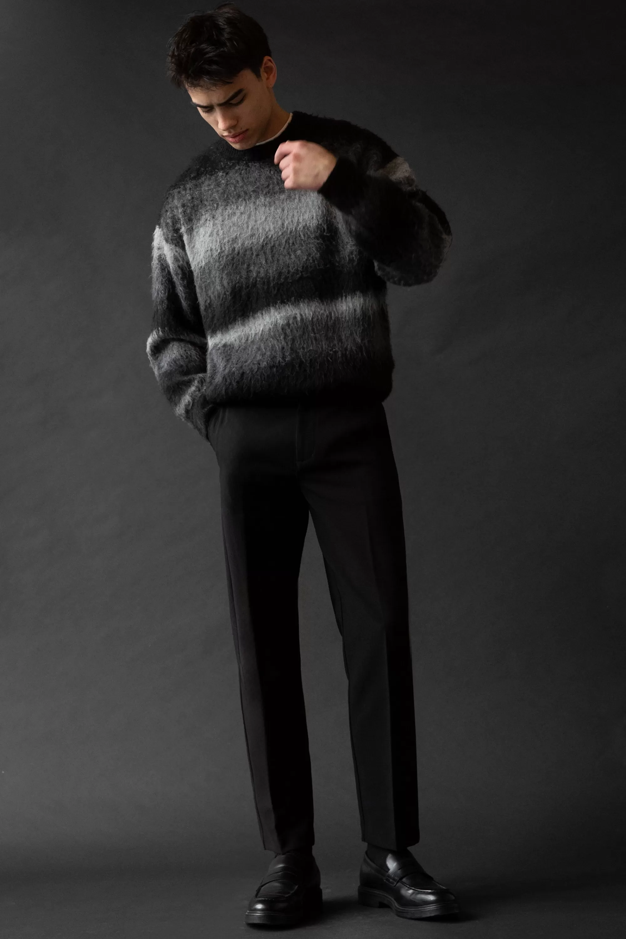 OAK + FORT STRIPED TEXTURED KNIT CREWNECK SWEATER | Sweaters & Cardigans