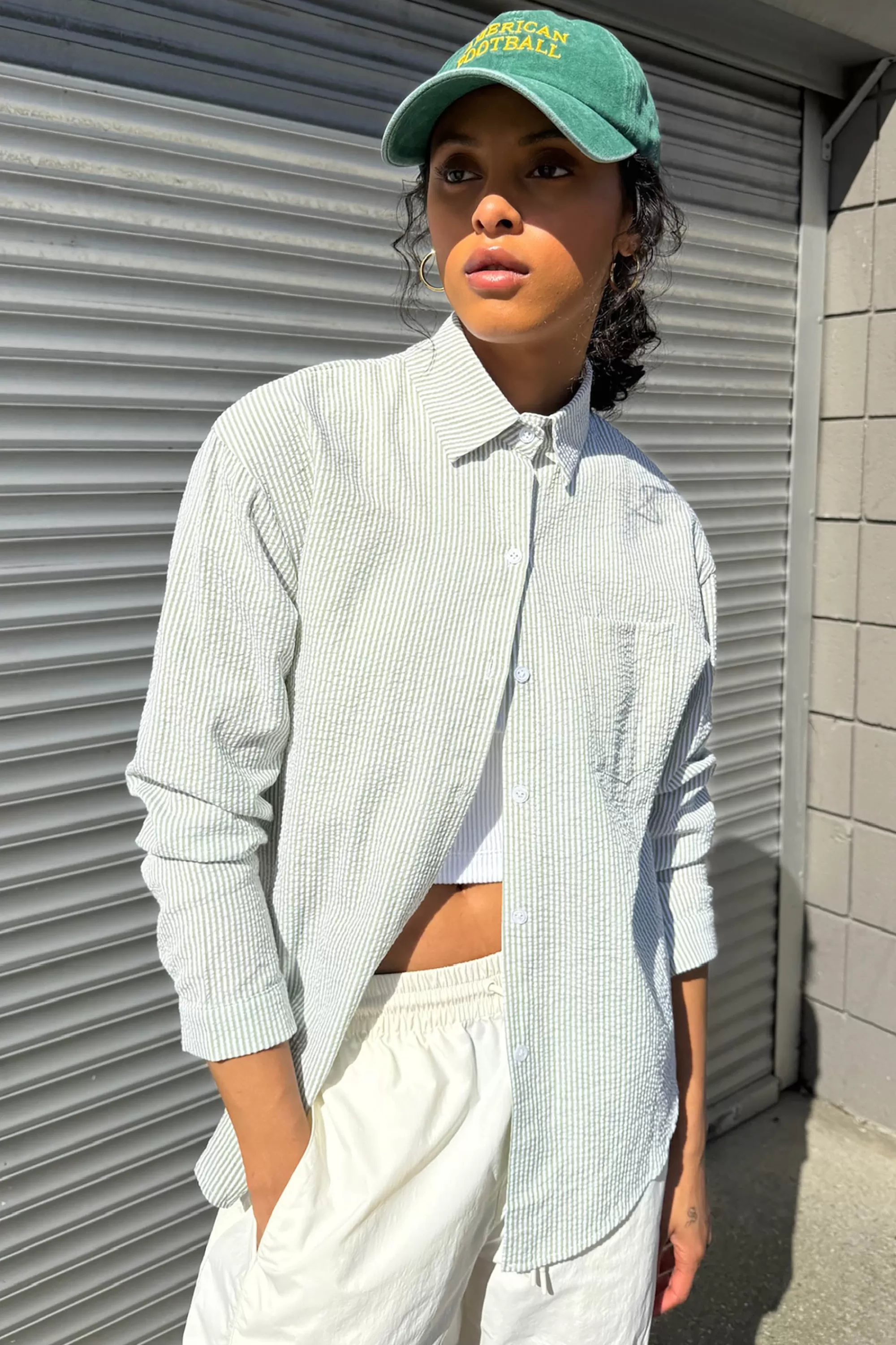 OAK + FORT TEXTURED PINSTRIPE BUTTON UP SHIRT | Women Tops