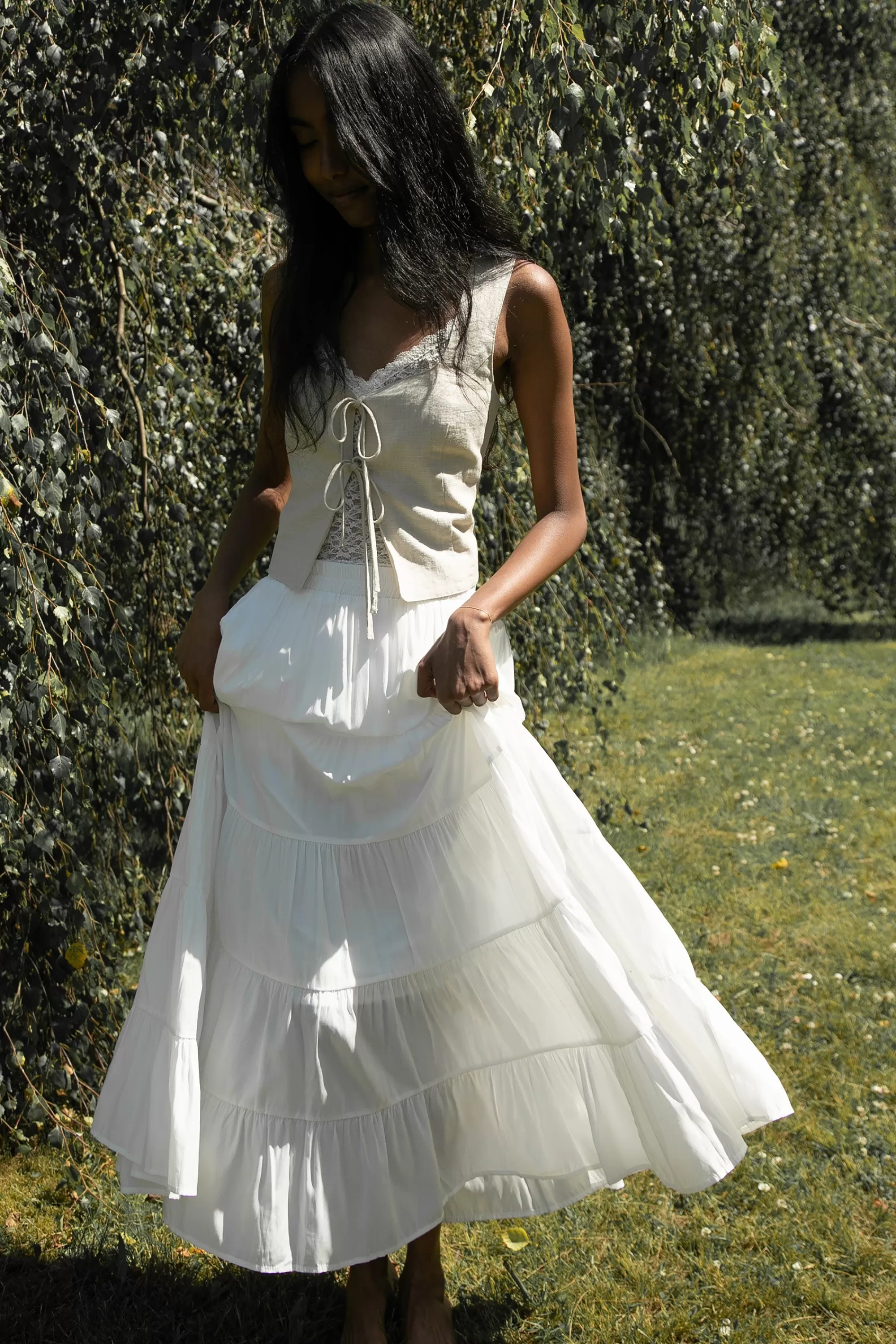 OAK + FORT TIERED SKIRT WITH ELASTIC WAISTBAND | Women Skirts