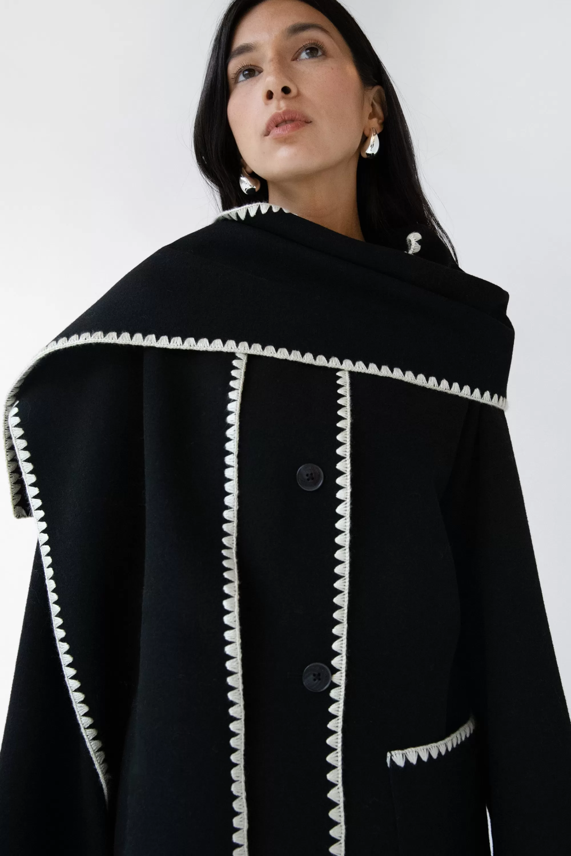 OAK + FORT WOOL-BLEND CONTRAST STITCH SCARF JACKET | Women Coats & Jackets